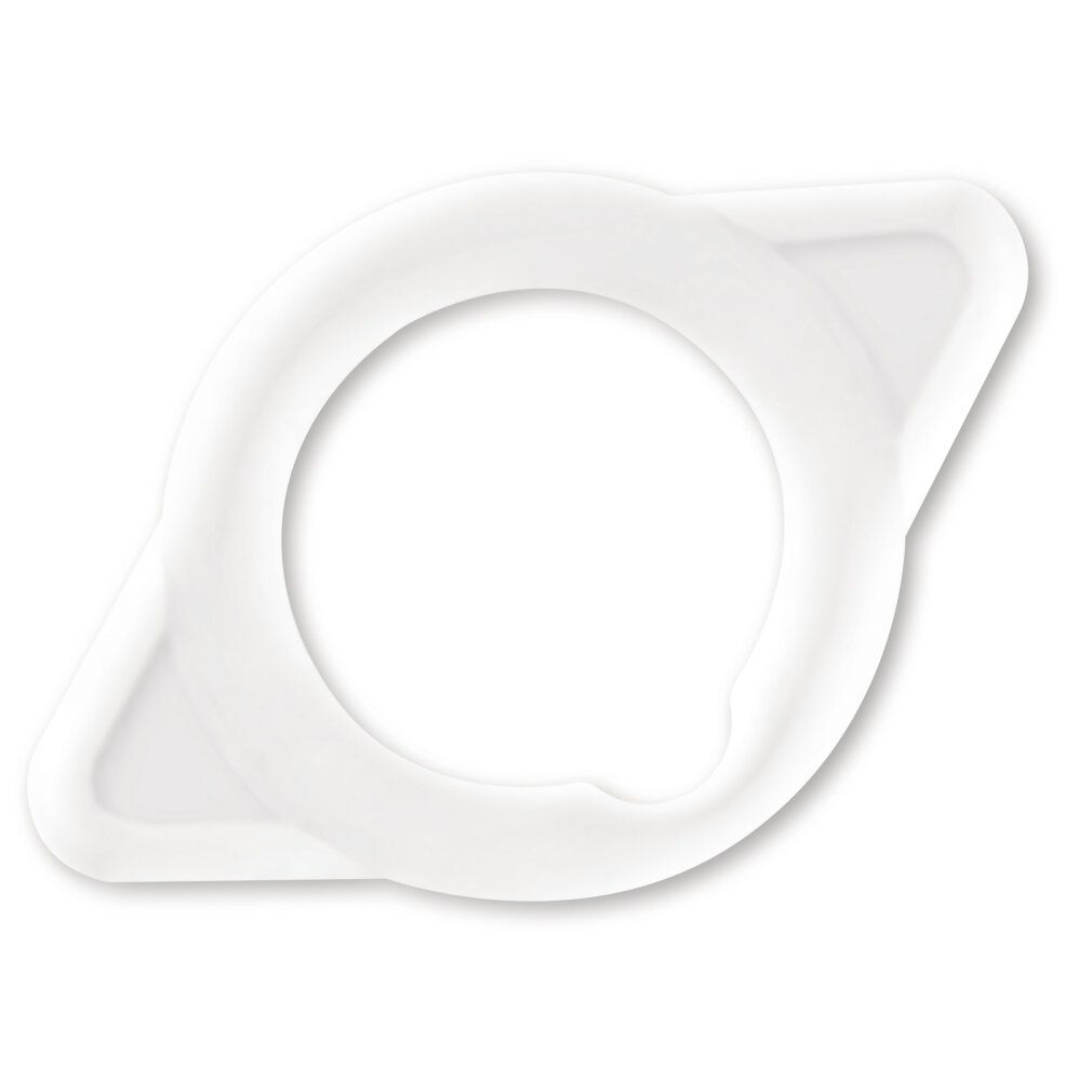 Weißer, ringförmiger Artikel mit zwei seitlichen Ausbuchtungen. Produktmerkmal für Intimgesundheit.