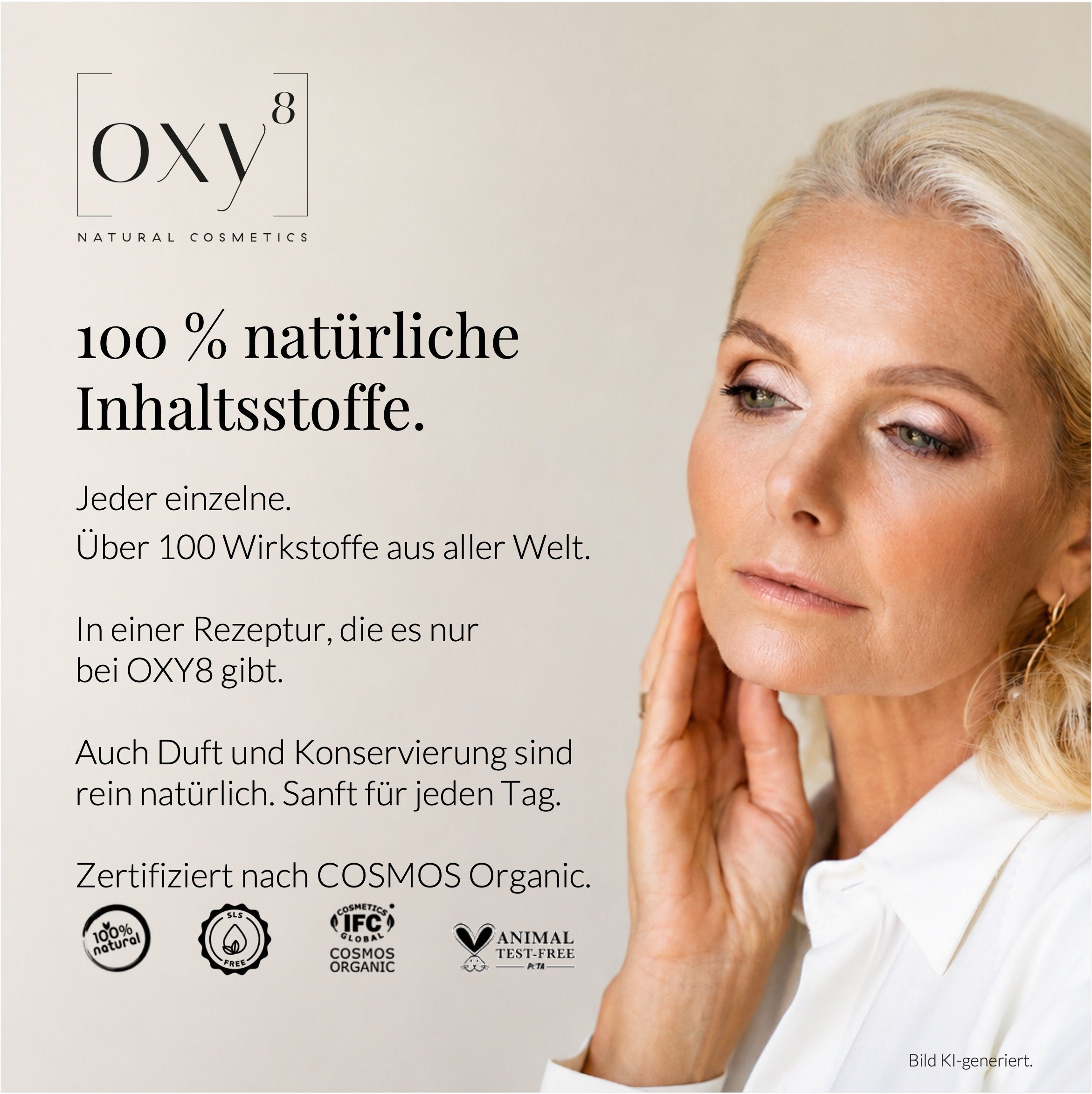Nahaufnahme einer Frau, Text über 100% natürliche Inhaltsstoffe.