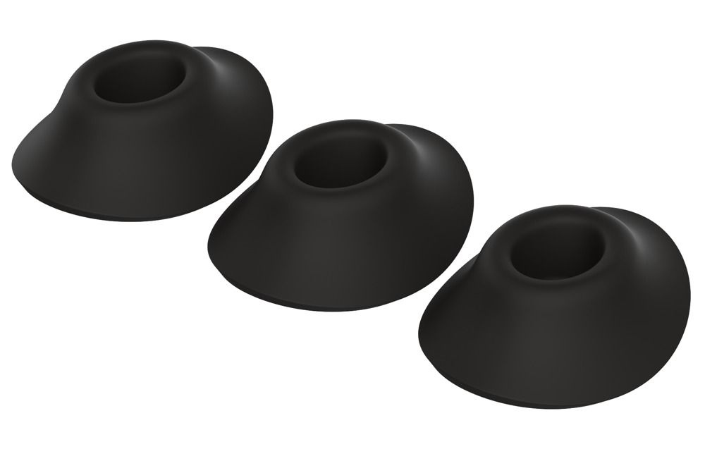 Drei schwarze Ersatzköpfe. Kegelförmig mit zentraler Öffnung. Glatte Oberfläche.