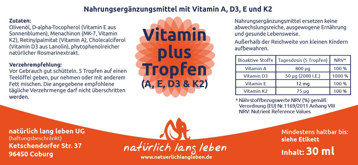Etikett mit Produktinformationen. Enthält Angaben zu Inhaltsstoffen, Dosierung und Nährwertangaben. Marke: natürlich lang leben.