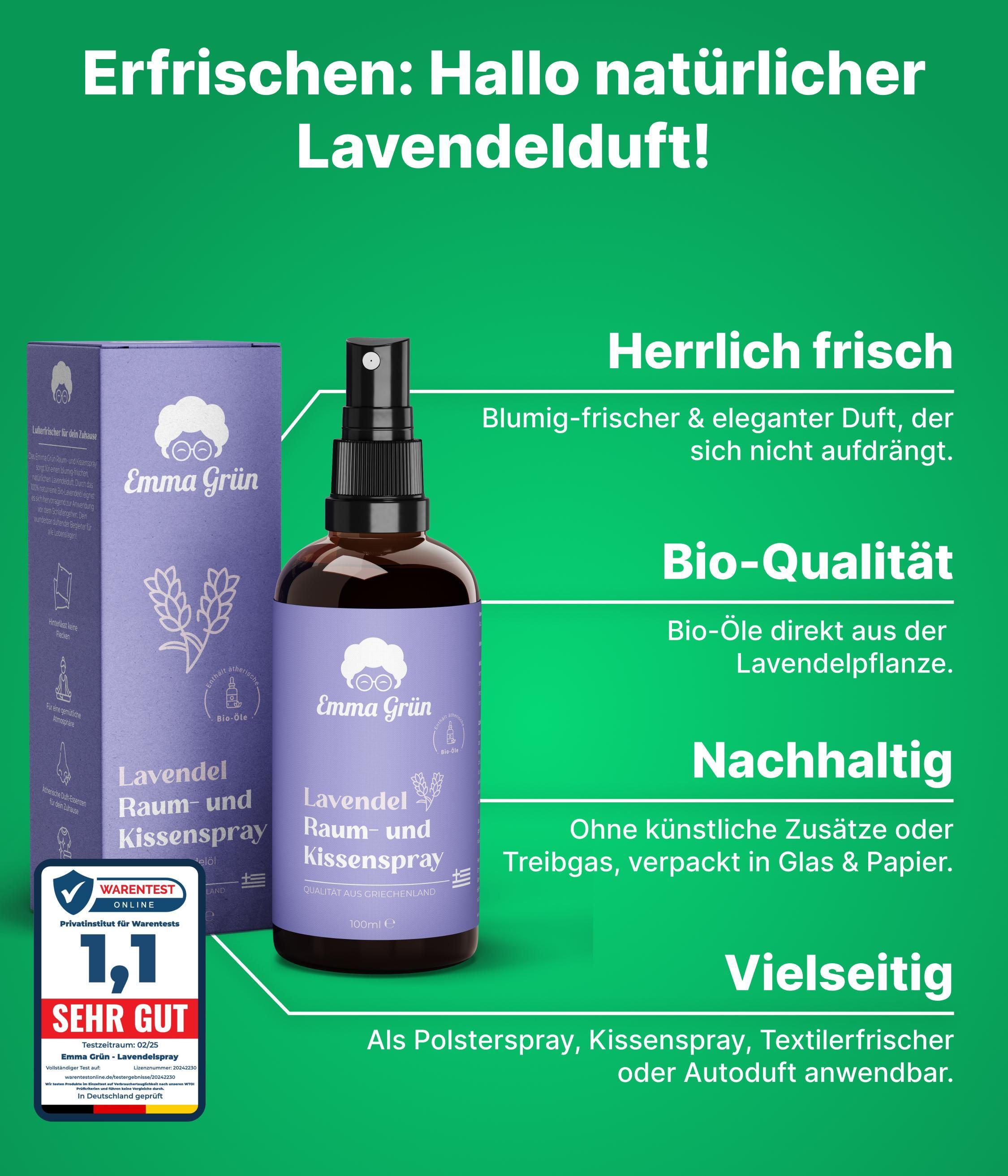 Braune Flasche mit Sprühkopf, Karton. Aufdruck: Emma Grün Lavendel Raum- und Kissenspray. Text: Bio-Qualität. Siegel: Sehr Gut, 100 ml.
