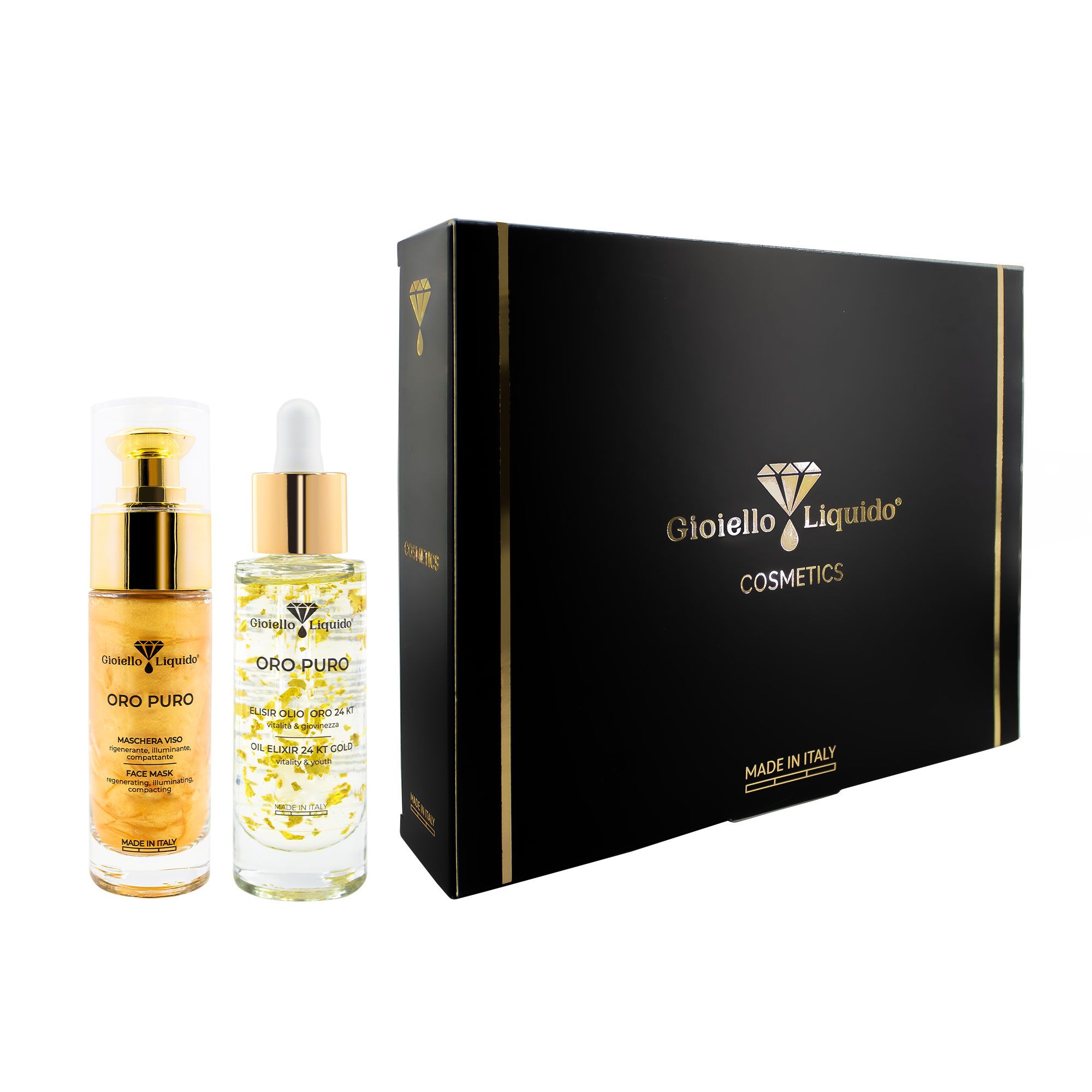 Geschenkbox mit zwei Kosmetikprodukten. Schwarze Box mit Goldakzenten. Zwei Flaschen mit goldfarbenem Inhalt.