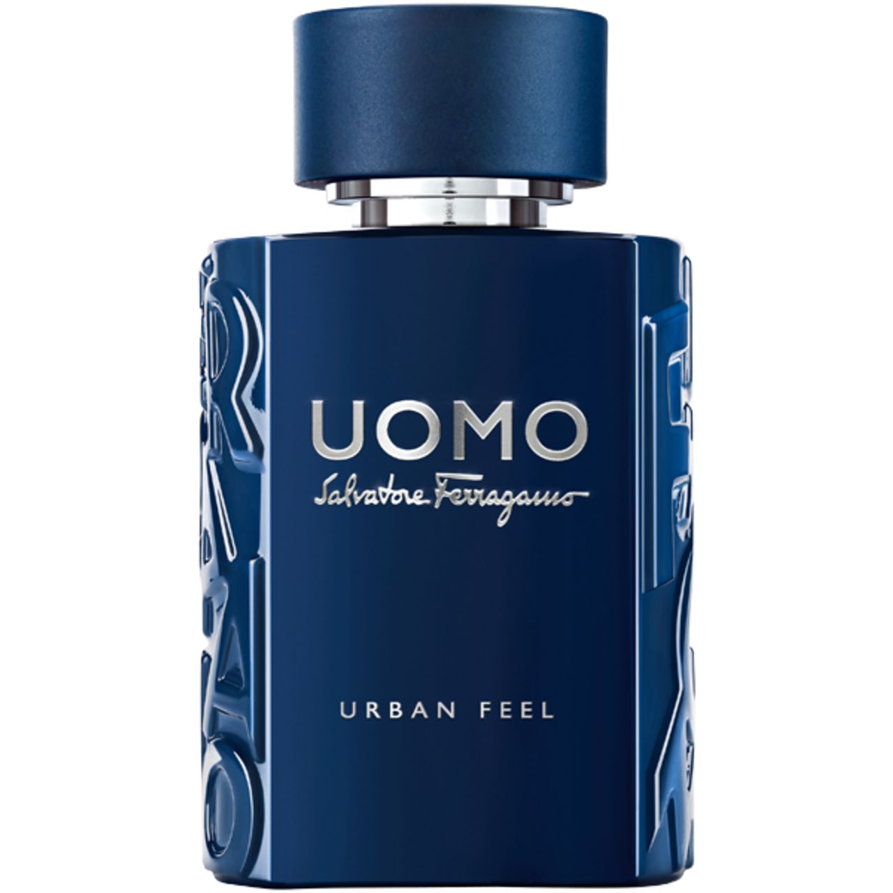 Blaues Parfümflakon mit silbernem Schriftzug UOMO Salvatore Ferragamo Urban Feel. Rechteckige Form, blauer Deckel.