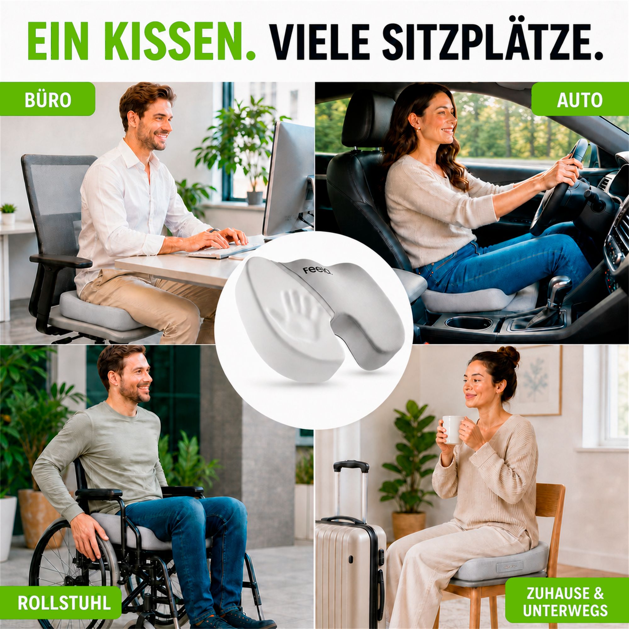 Collage: Sitzkissen in Büro, Auto, Rollstuhl und Zuhause. Kompakt und vielseitig.