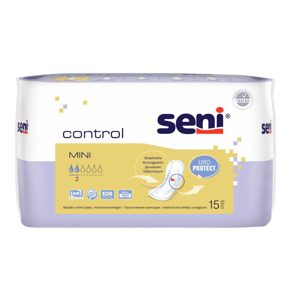 Seni Control Mini Einlagen-Packung mit 15 Stück. Zeigt Produktmerkmale wie URO PROTECT und AIR.