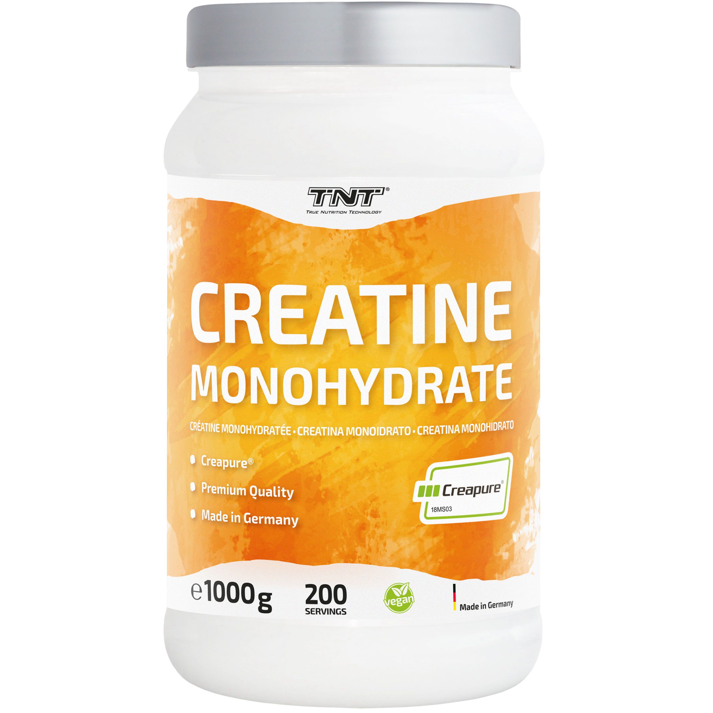 TNT Creatine Monohydrate Creapure® Dose. Aufdruck: Creatine Monohydrate, 1000g, 200 Portionen, vegan. Logo: Creapure®, Made in Germany.