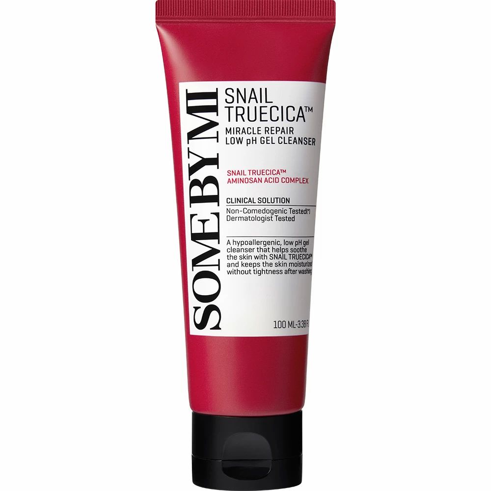 Rote Tube mit schwarzem Deckel. Aufschrift: Snail TrueCICA, Miracle Repair Low pH Gel Cleanser. Weiße Schrift auf rotem Grund.