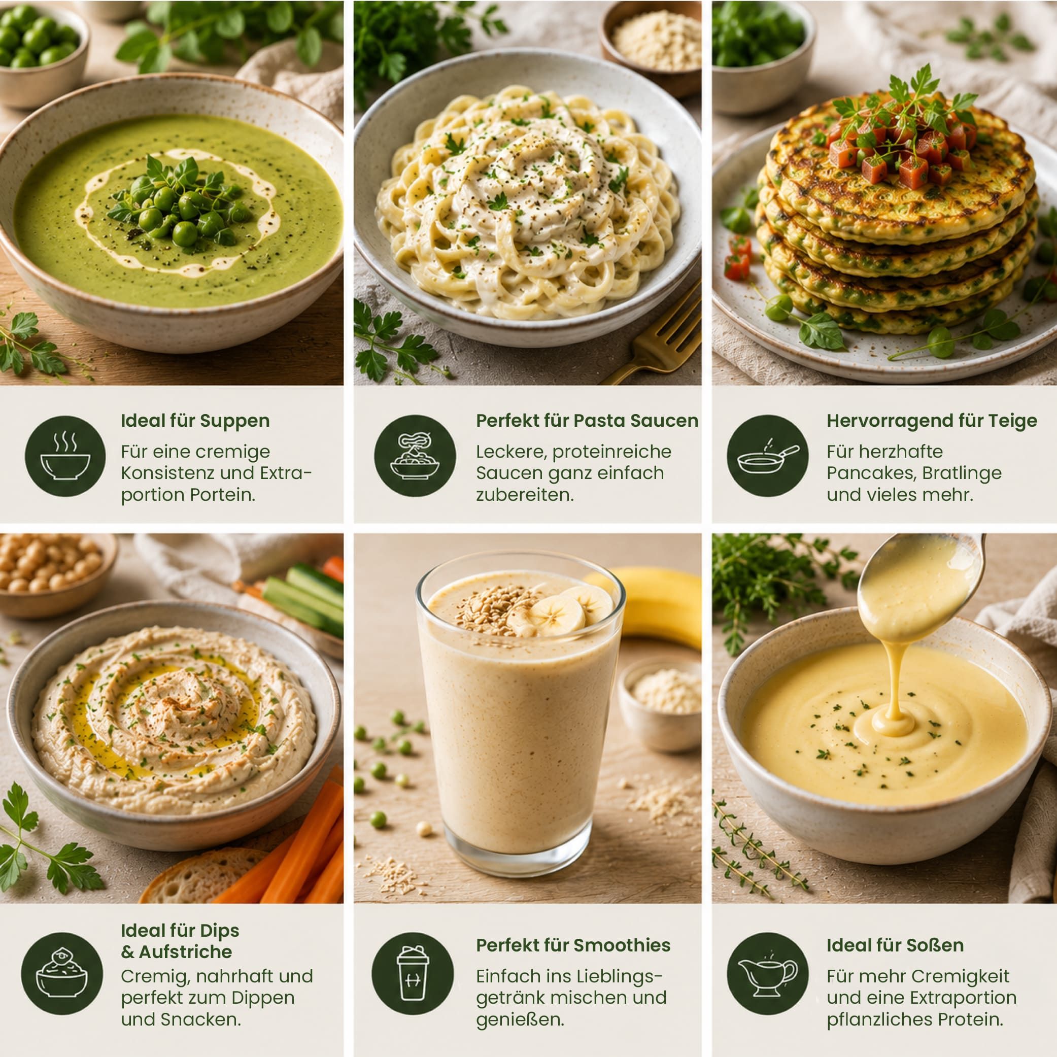 Sechs Gerichte mit Erbsenprotein: Suppe, Pasta-Sauce, Pancakes, Dips, Smoothie, Saucen.