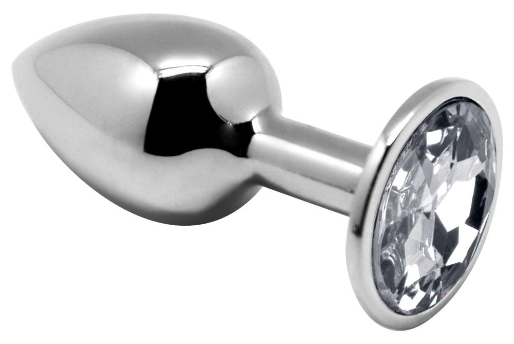 Metall-Analplug mit klarem Schmuckstein. Silberfarbenes Metall, klarer Stein, ovale Form.