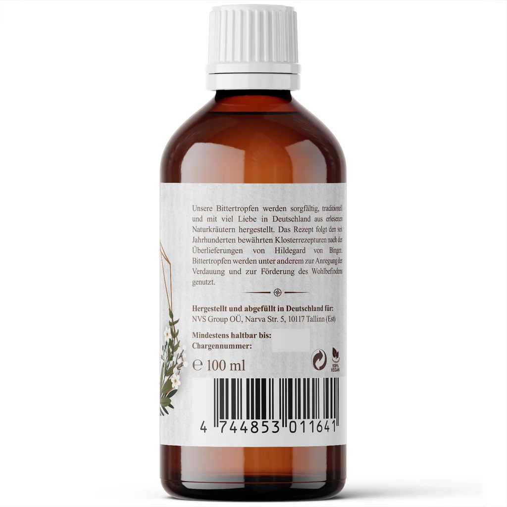 Rückseite einer braunen Glasflasche. Etikett mit Text, Inhaltsangaben, Herstellerinformationen und Barcode. Volumen: 100 ml.