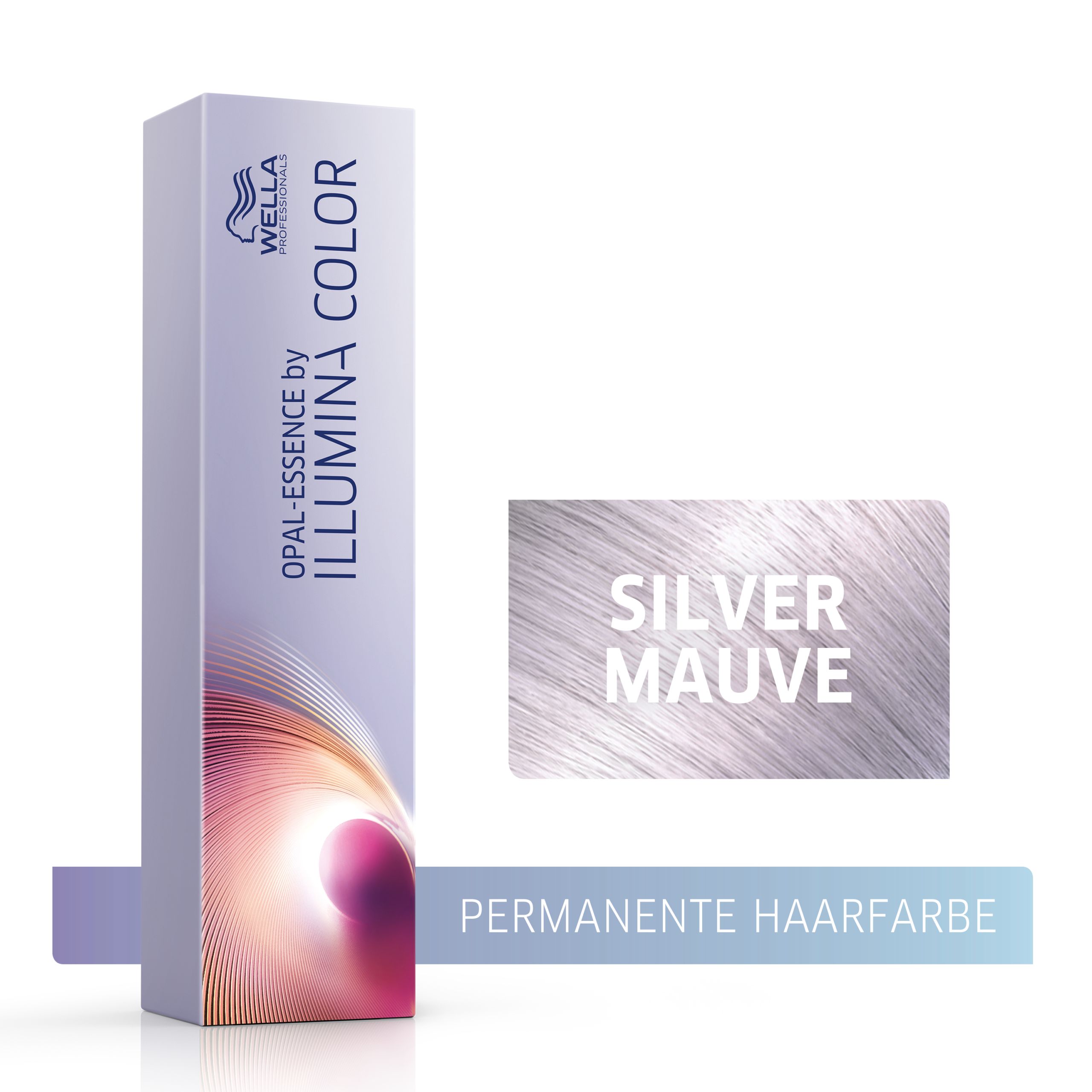 Wella Illumina Color-Haarfarbe. Verpackung mit Text: Silver Mauve und Permanente Haarfarbe. Farbkarte.