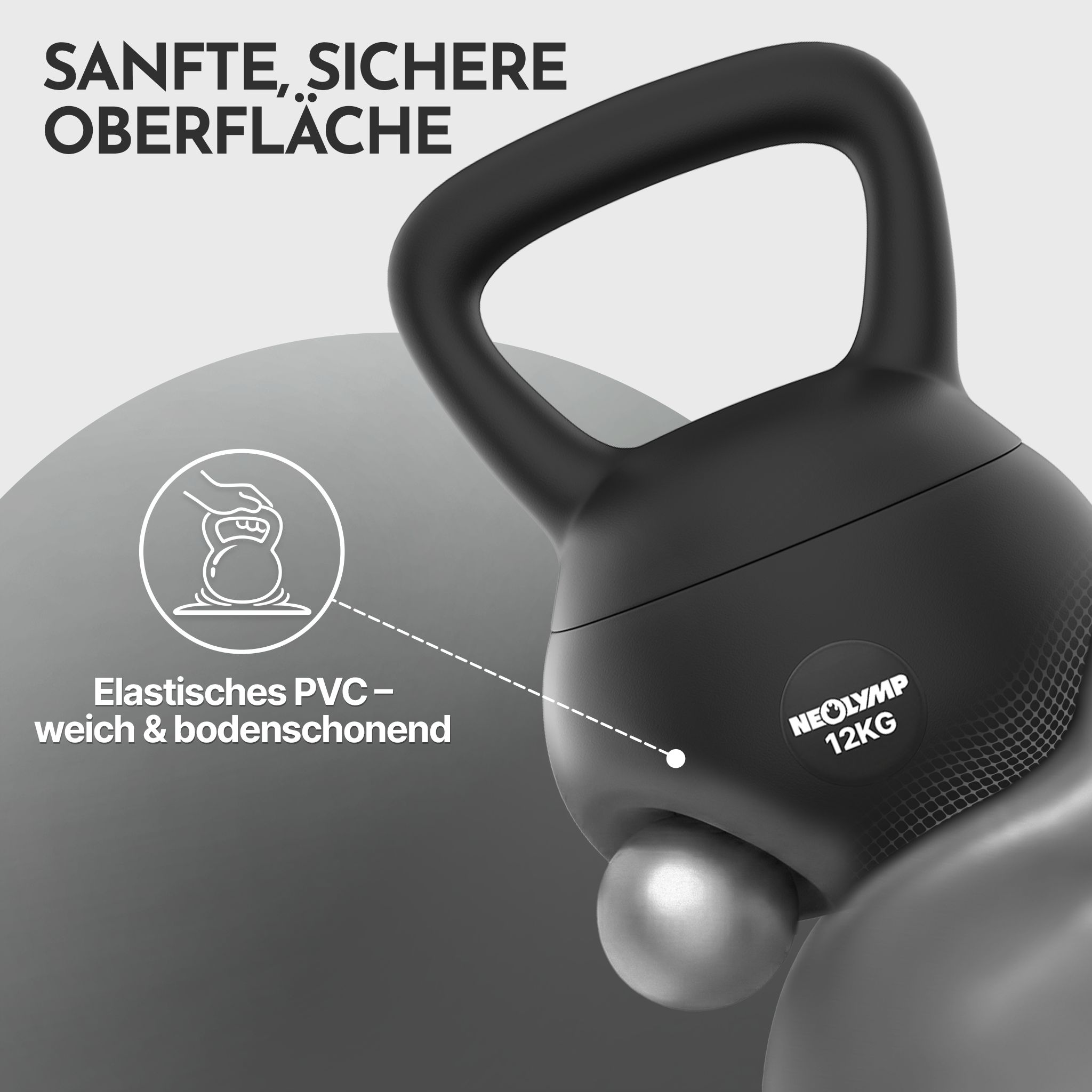 Sanfte, sichere Oberfläche der NEOLYMP Kettlebell 12kg. Elastisches PVC, weich und bodenschonend.
