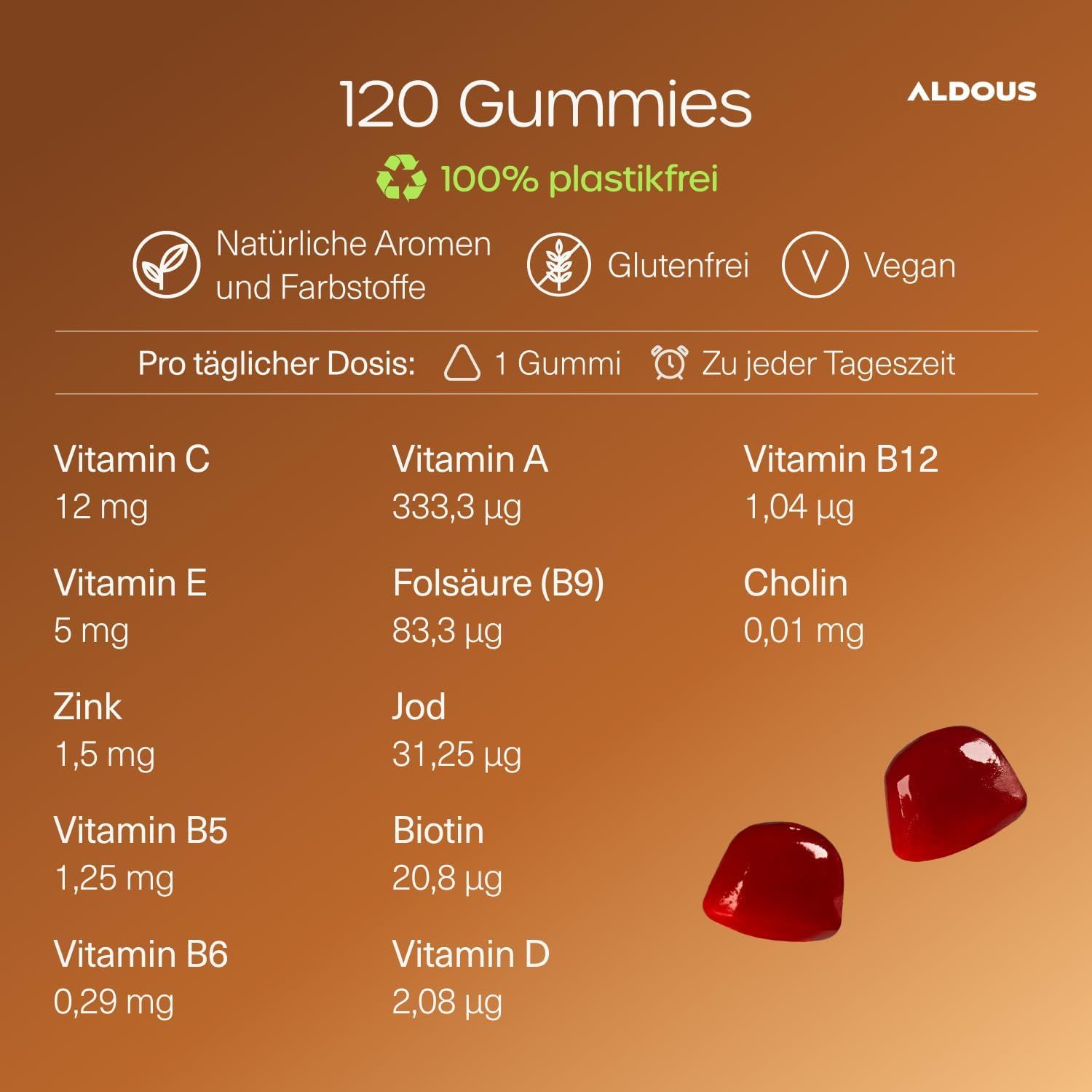 120 Gummis, 100% plastikfrei, natürliche Aromen, glutenfrei, vegan. Enthält Vitamine C, A, E, B5, B6, B12, Folsäure, Cholin, Zink, Jod, Biotin, Vitamin D.