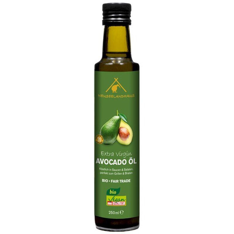 Grüne Glasflasche mit Avocado-Öl. Etikett mit Avocado-Illustration, Text: Extra Virgin Avocado Öl, Bio, Fair Trade. Vegan-Siegel.
