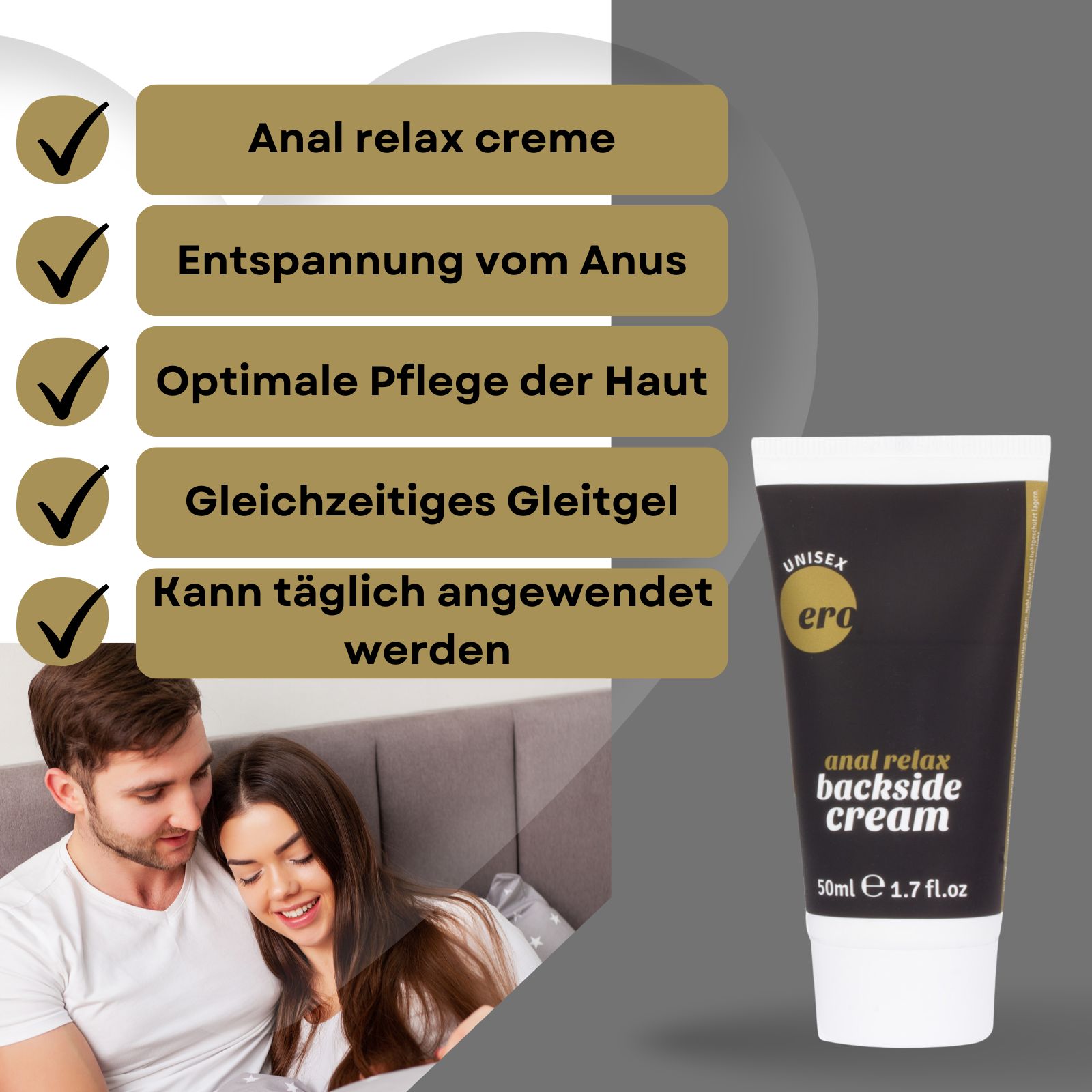 Produkt-Tube und Text. Aufschrift: "anal relax backside cream". Volumen: 50ml. Abgebildet: Paar.