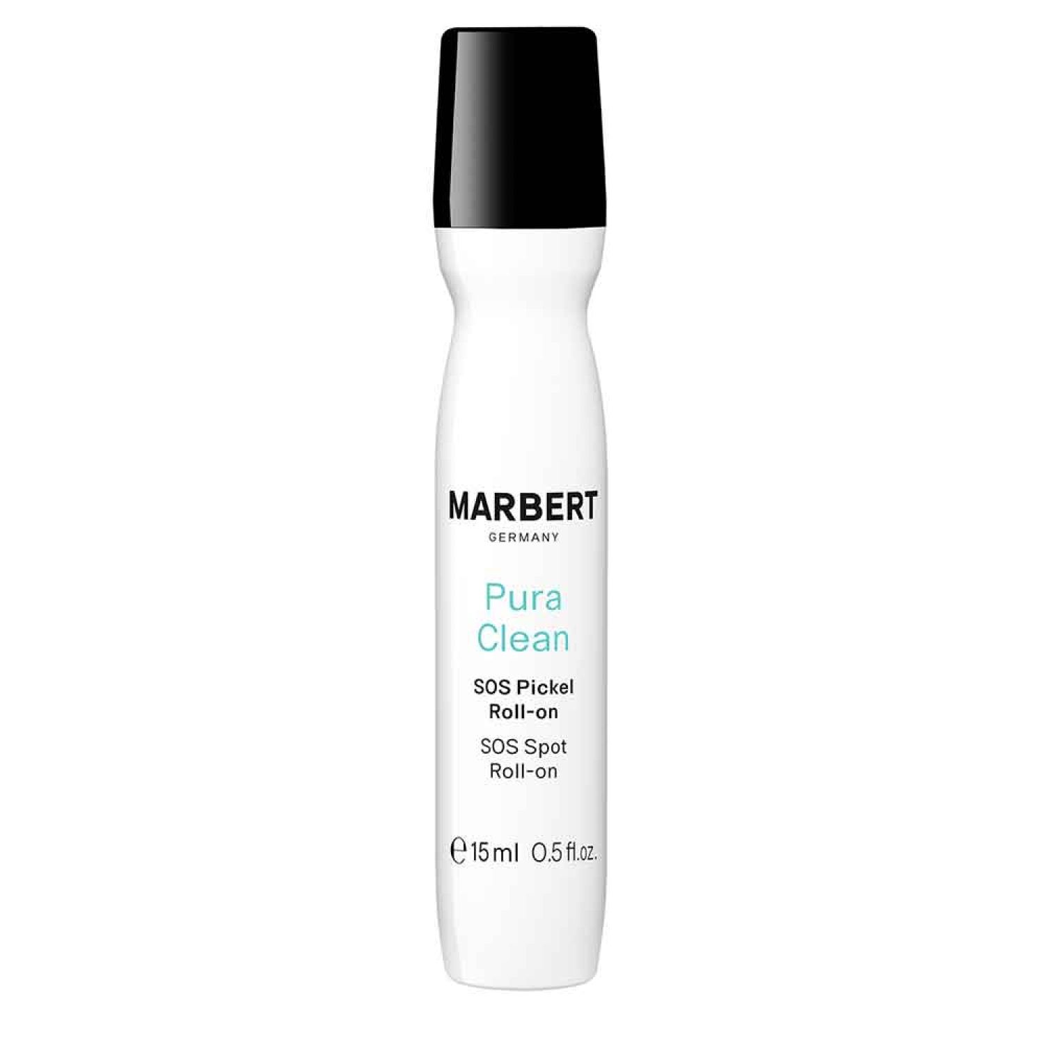 Weißer Roll-on mit schwarzem Deckel. Beschriftung: MARBERT, Pura Clean, SOS Pickel Roll-on, SOS Spot Roll-on. Volumen: 15 ml, 0,5 fl.oz.