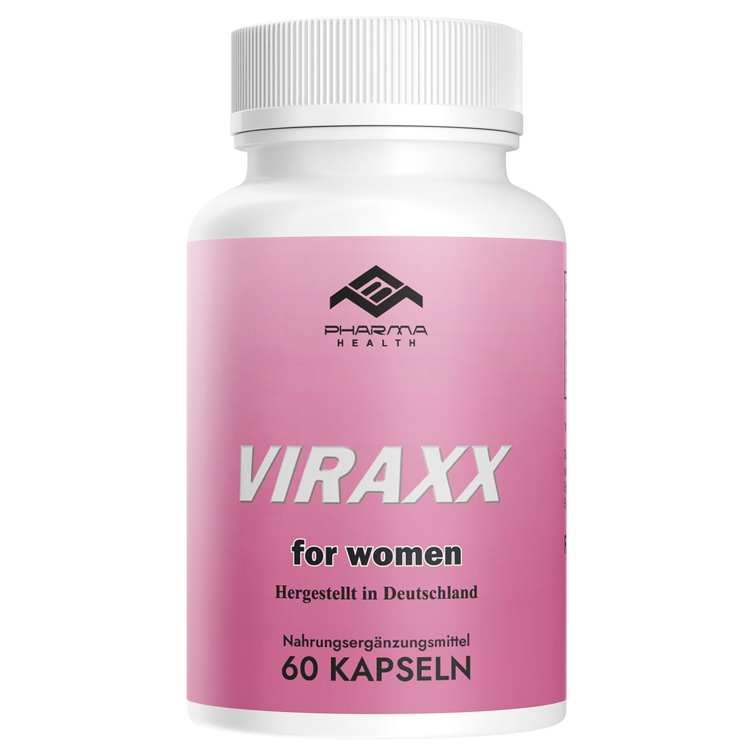 Weiße Flasche mit rosa Etikett. Aufschrift: Pharma Health, VIRAXX for women, 60 Kapseln. Hergestellt in Deutschland.