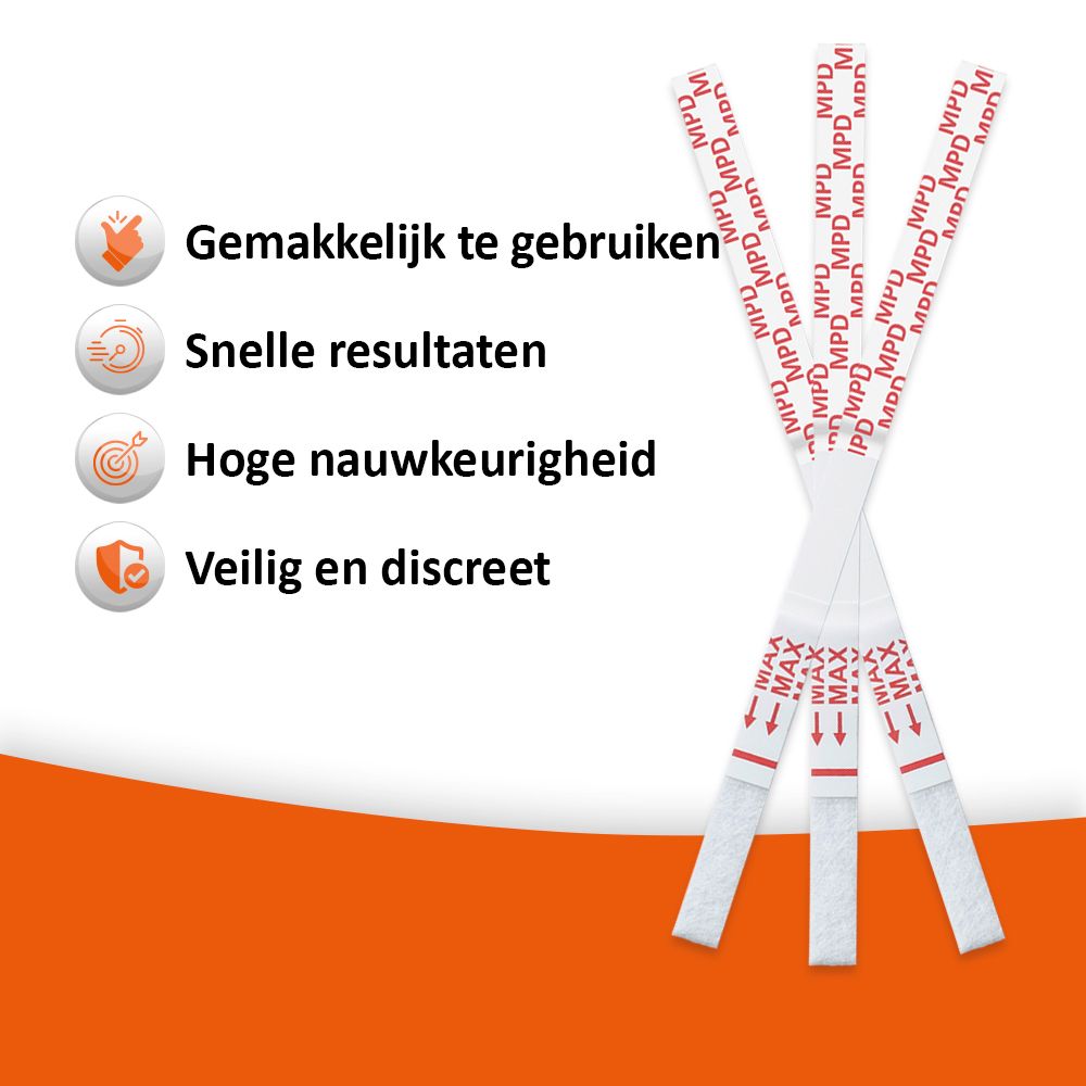 Drie teststrips met MPD, MPU, M. Symbolen: Gemakkelijk, snel, nauwkeurig, discreet.