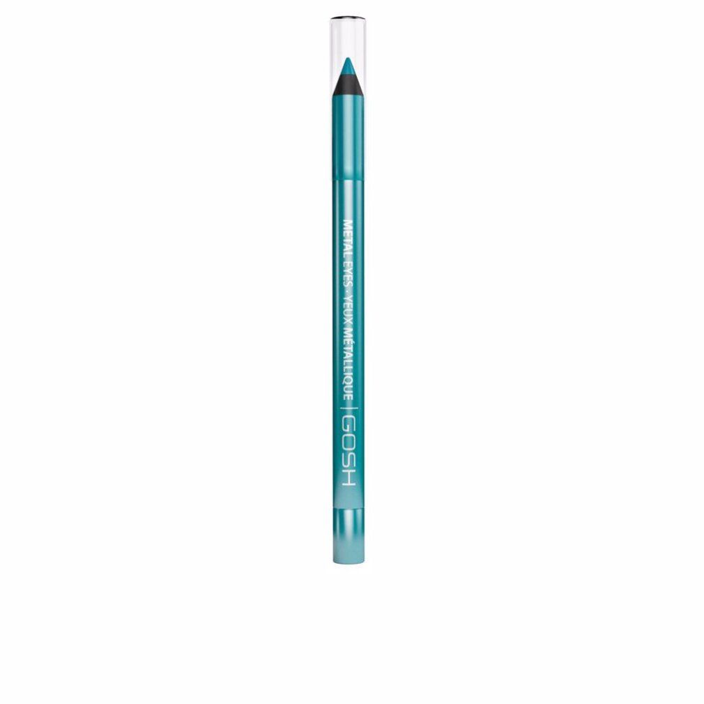 Türkisfarbener Gosh Metal Eyes Eyeliner. Der Stift hat eine transparente Kappe. Auf dem Stift steht "METAL EYES - YEUX METALLIQUE | GOSH".