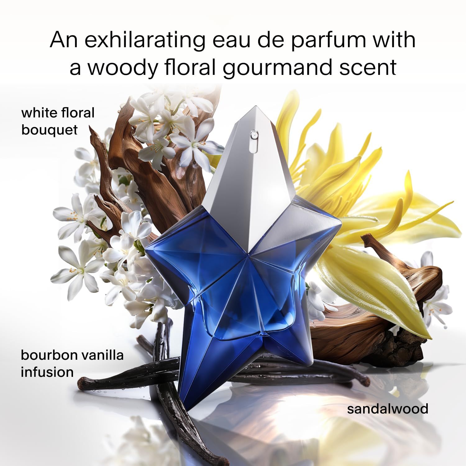 Blauer Sternflakon, umgeben von weißen Blüten, Vanilleschoten und Sandelholz. Text: "Bourbon-Vanille-Infusion".
