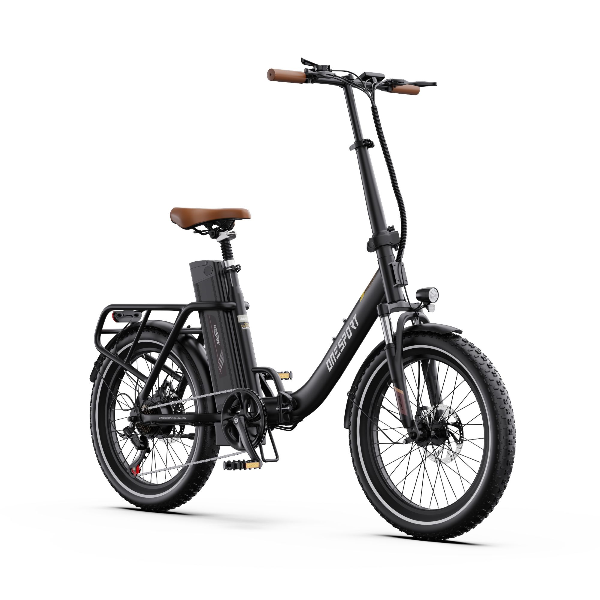 Schwarzes Elektrofahrrad mit braunem Sattel und Lenker. Marke ONESPORT sichtbar. Schräge Ansicht.