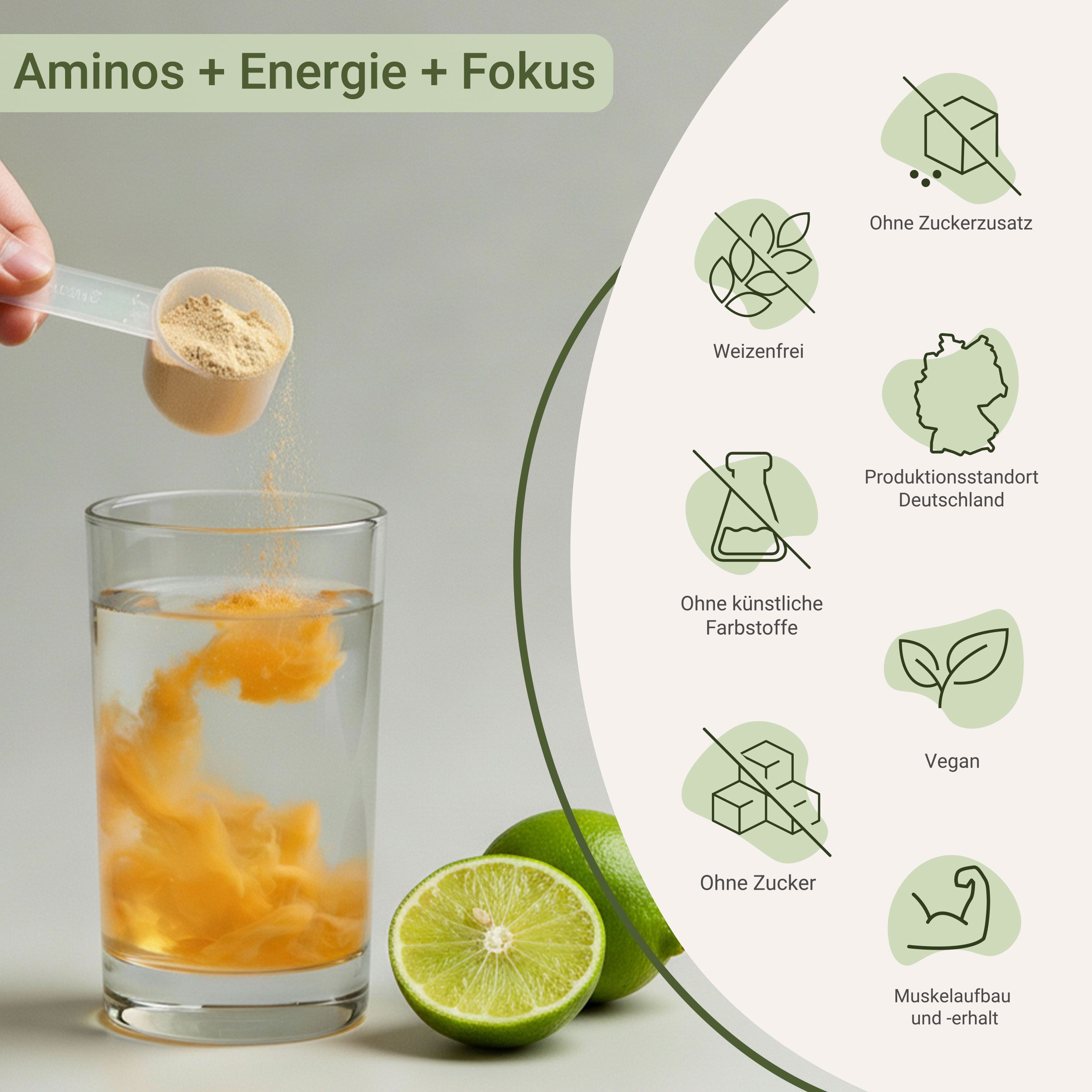Person gießt Pulver in Glas mit Wasser. Limette. Text: Ohne Zuckerzusatz, weizenfrei, Produktionsstandort Deutschland, ohne Farbstoffe, vegan.