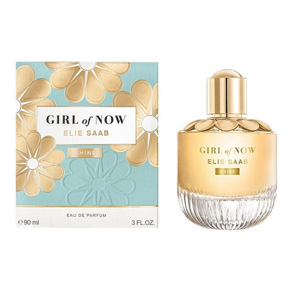Parfümflakon und Schachtel. Aufschrift: GIRL of NOW, ELIE SAAB, SHINE. Schachtel mit Blumenmuster. Flakon mit goldfarbenem Verschluss.