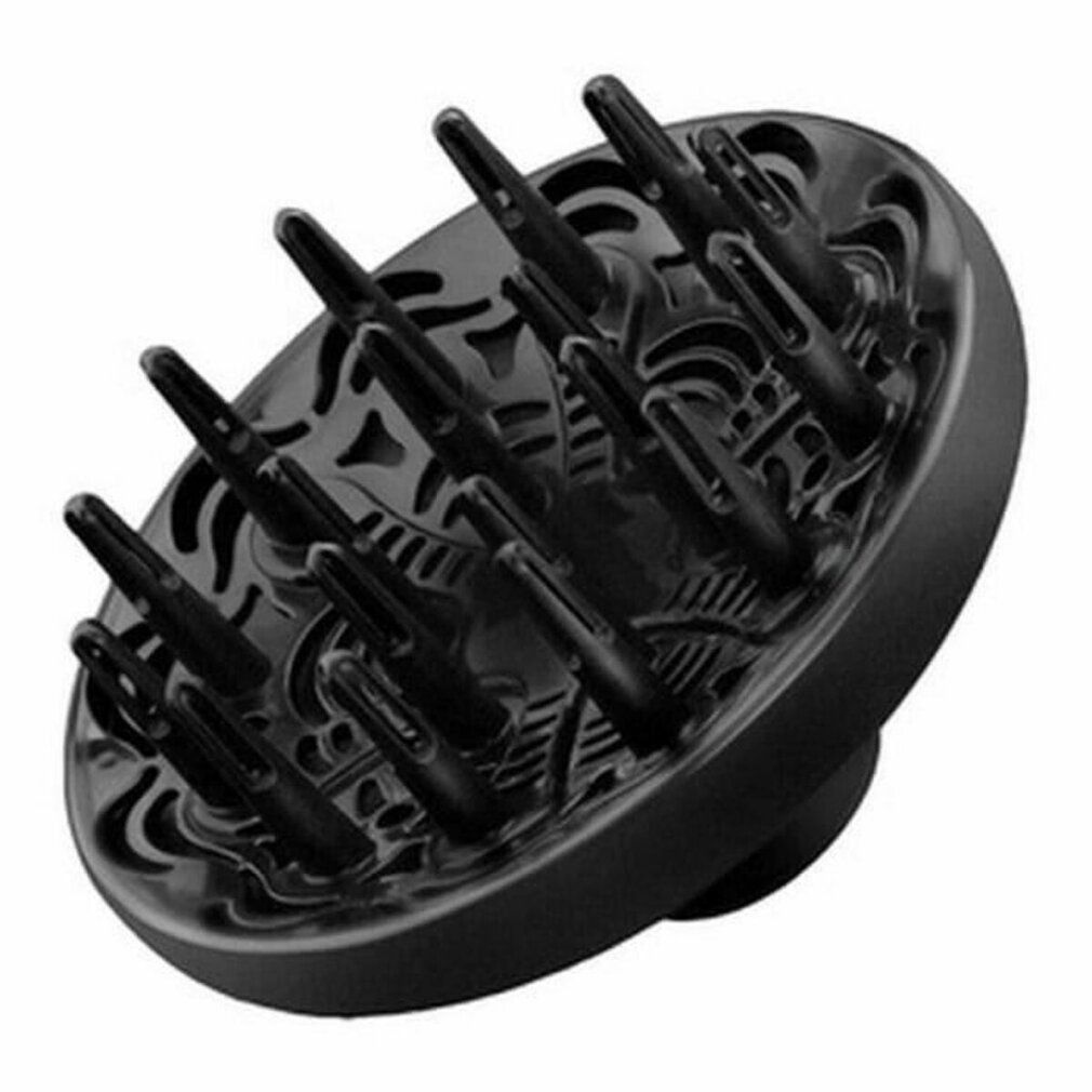 Schwarzer Diffusor für einen Haartrockner. Runde Form mit zahlreichen Ausläufern. Für Locken.