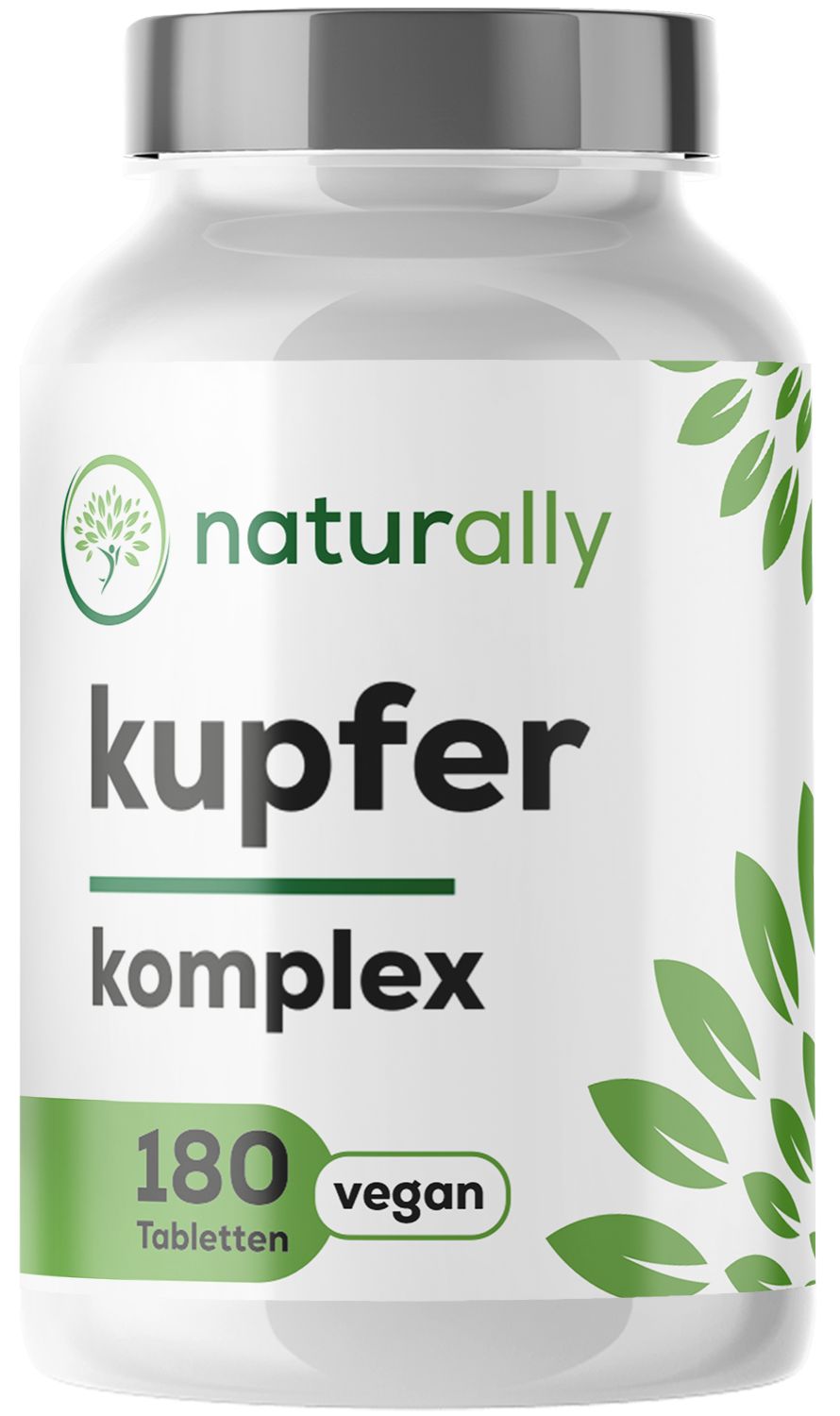 Weiße Flasche "naturally kupfer komplex". 180 Tabletten, vegan. Logo "naturally".