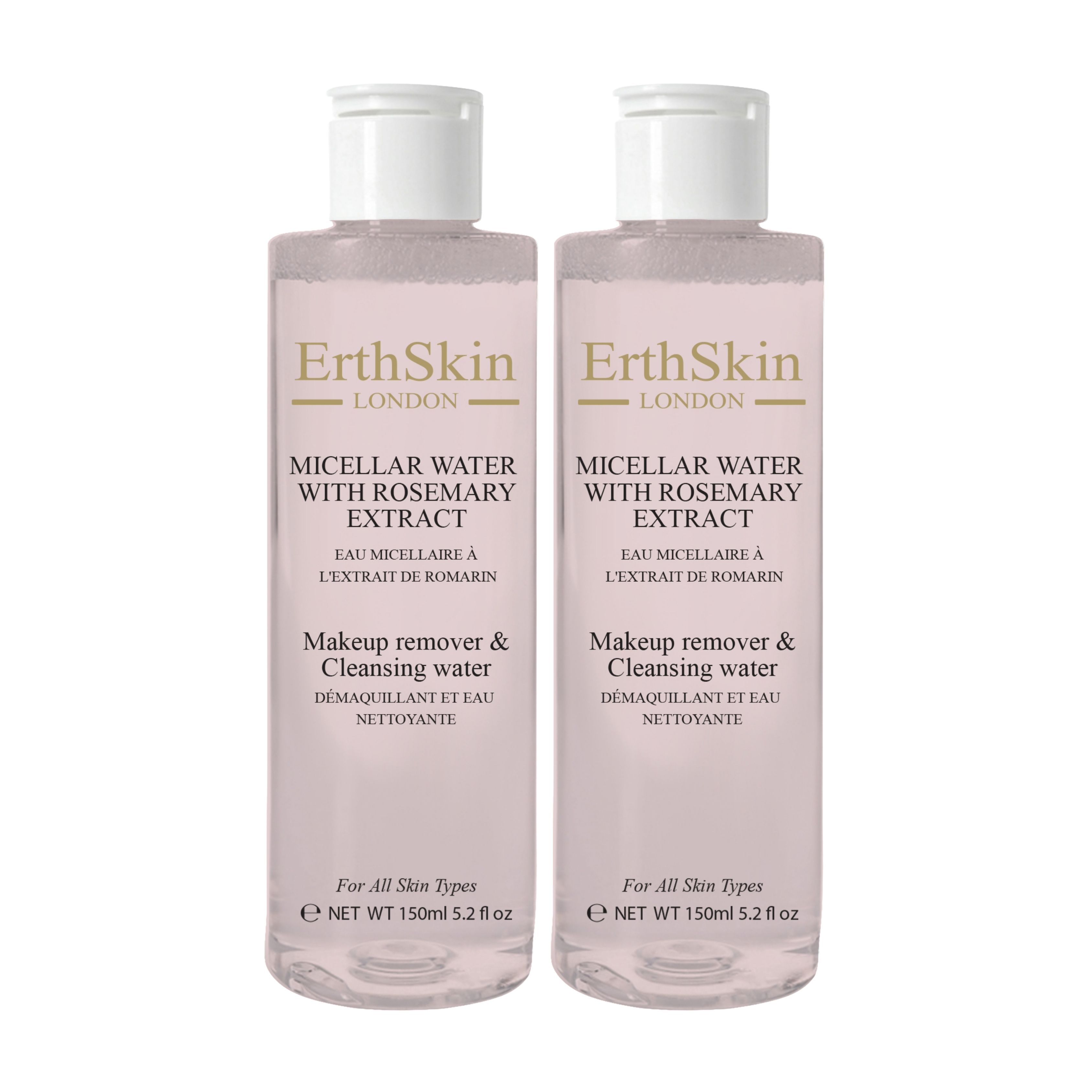Zwei Flaschen Mizellenwasser mit Rosmarinextrakt. Aufschrift: ErthSkin London, Micellar Water, Makeup remover & Cleansing water. Für alle Hauttypen.