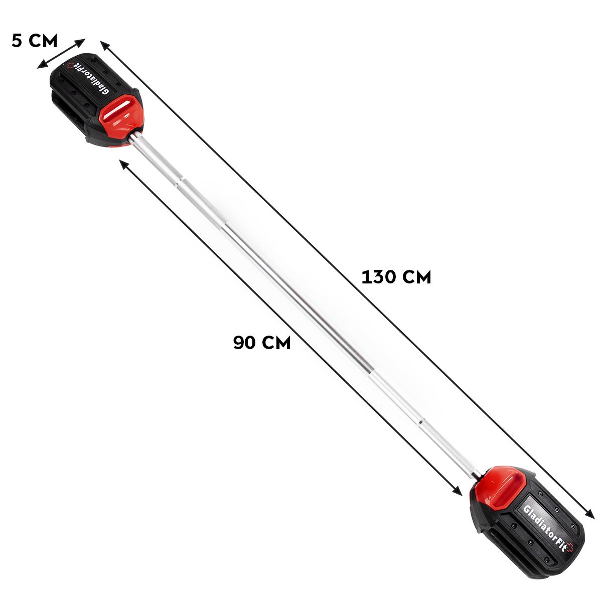 Hantelstange mit Maßen: 130 cm lang, 90 cm Griffbereich, 5 cm Enden.