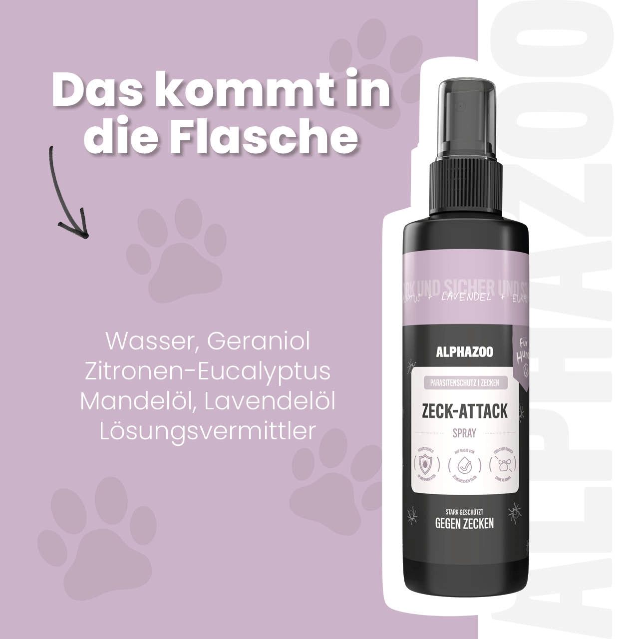 Sprühflasche mit Inhaltsstoffen: Wasser, Geraniol, Zitronen-Eucalyptus, Mandelöl, Lavendelöl, Lösungsmittel. Text: ALPHAZOO, ZECK-ATTACK.
