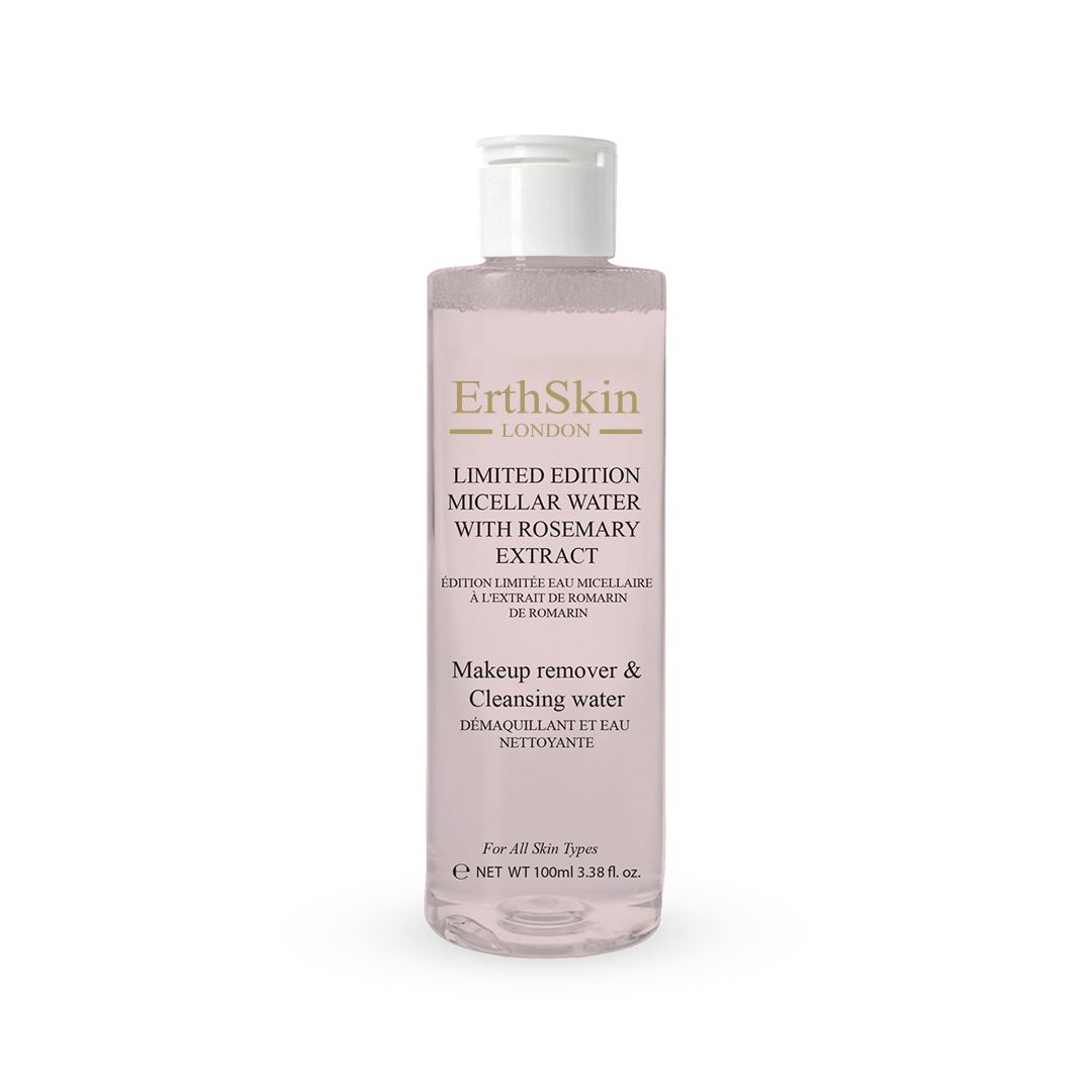 ErthSkin London Mizellenwasser. Limitierte Auflage mit Rosmarinextrakt. Flasche mit weißem Deckel. Rosa Flüssigkeit. Text: Makeup remover & Cleansing water.