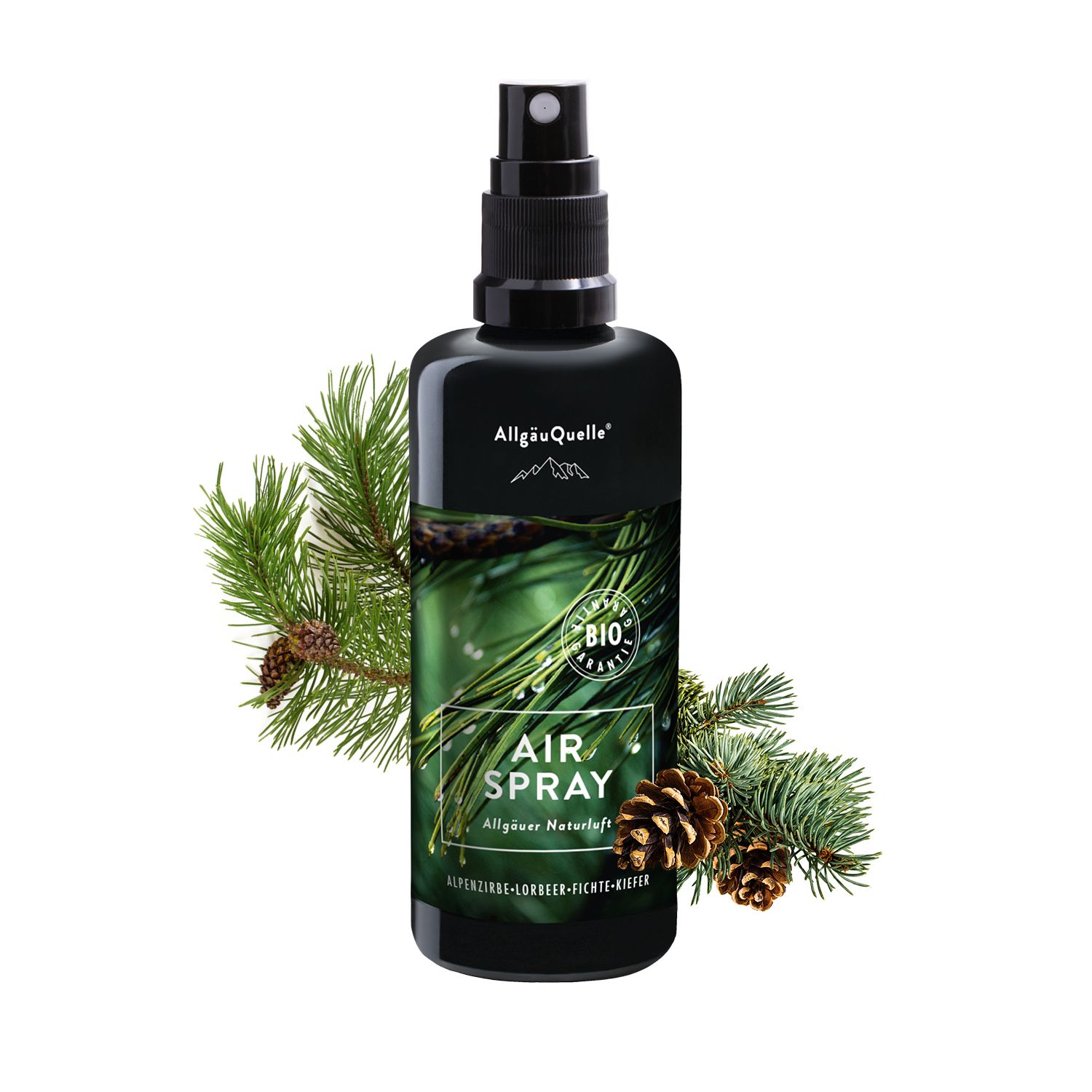 Allgäuquelle Bio Raumspray Lufterfrischer Duftspray Airspray Alpenzirbe, Lorbeer, Fichte und Kiefer