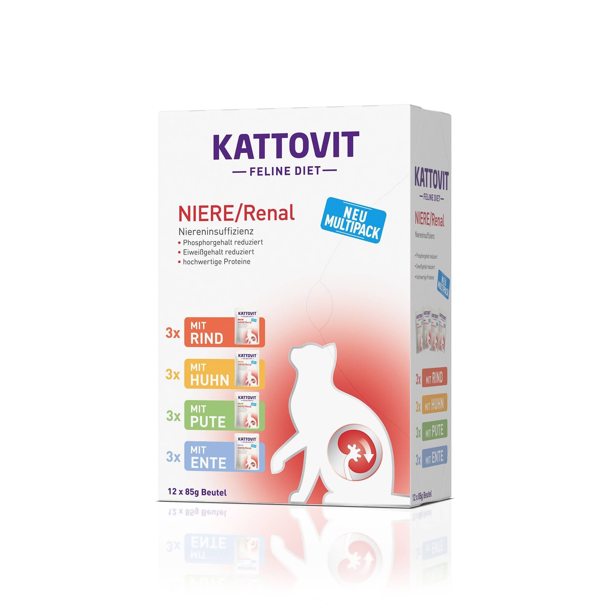 KATTOVIT Niere-Renal Multibox. Karton mit 12 Beuteln. Aufdrucke: Rind, Huhn, Pute, Ente. Text: Niereninsuffizienz, Phosphat reduziert, Eiweiß reduziert, hochwertige Proteine.