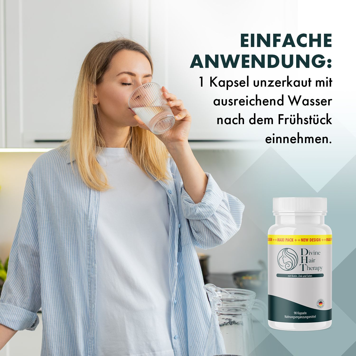 Frau trinkt Wasser neben einer Flasche Divine Hair Therapy Kapseln. Einfache Anwendung: 1 Kapsel mit Wasser.