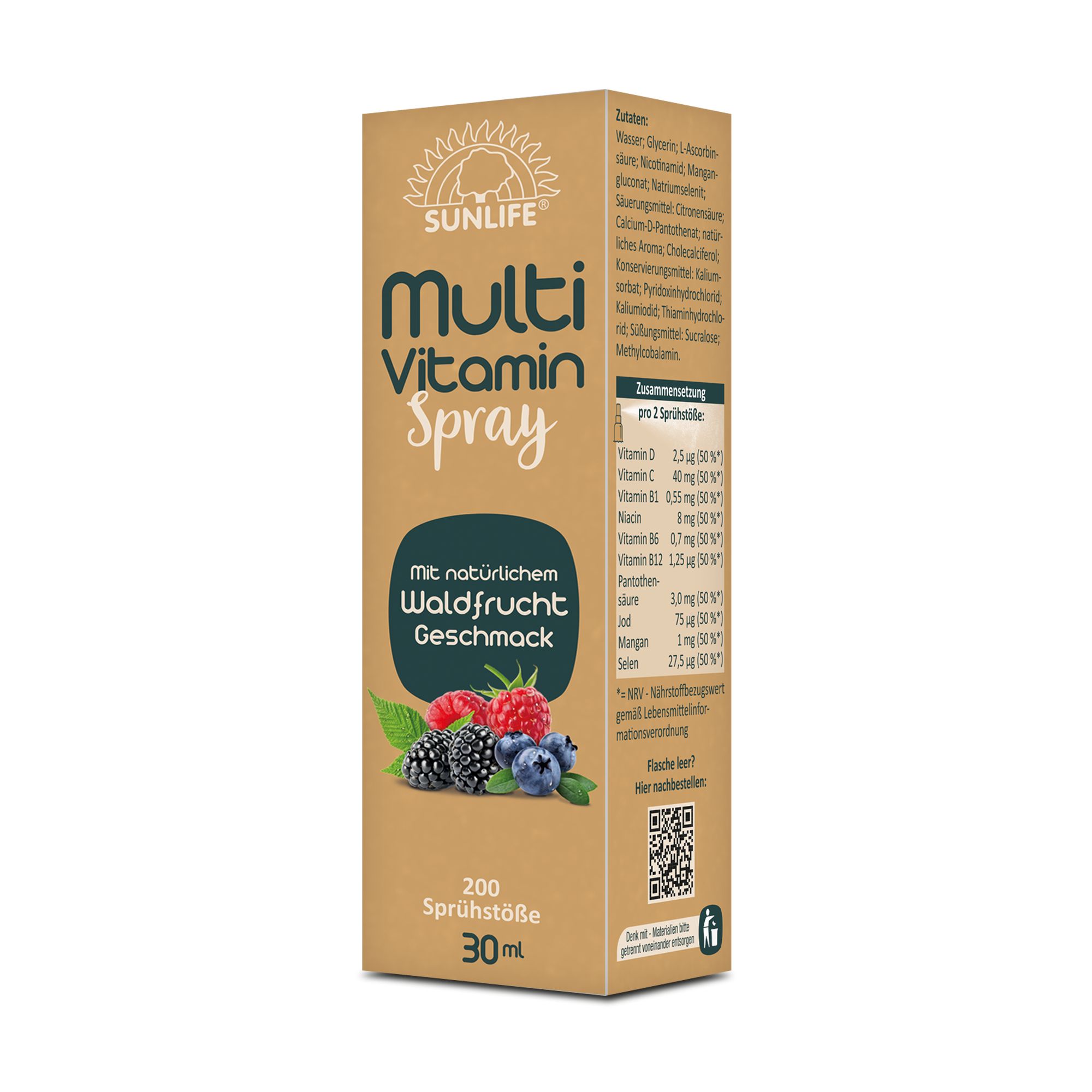 Verpackung SUNLIFE Multi Vitamin Spray. Waldfrüchte Geschmack. 30 ml, 200 Sprühstöße. Inhaltsangaben und Nährwerttabelle.