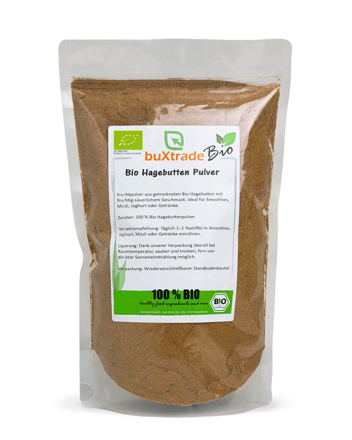Buxtrade Bio Hagebuttenpulver in einem Standbodenbeutel mit Bio-Siegel und Hinweisen zur Lagerung und Anwendung.