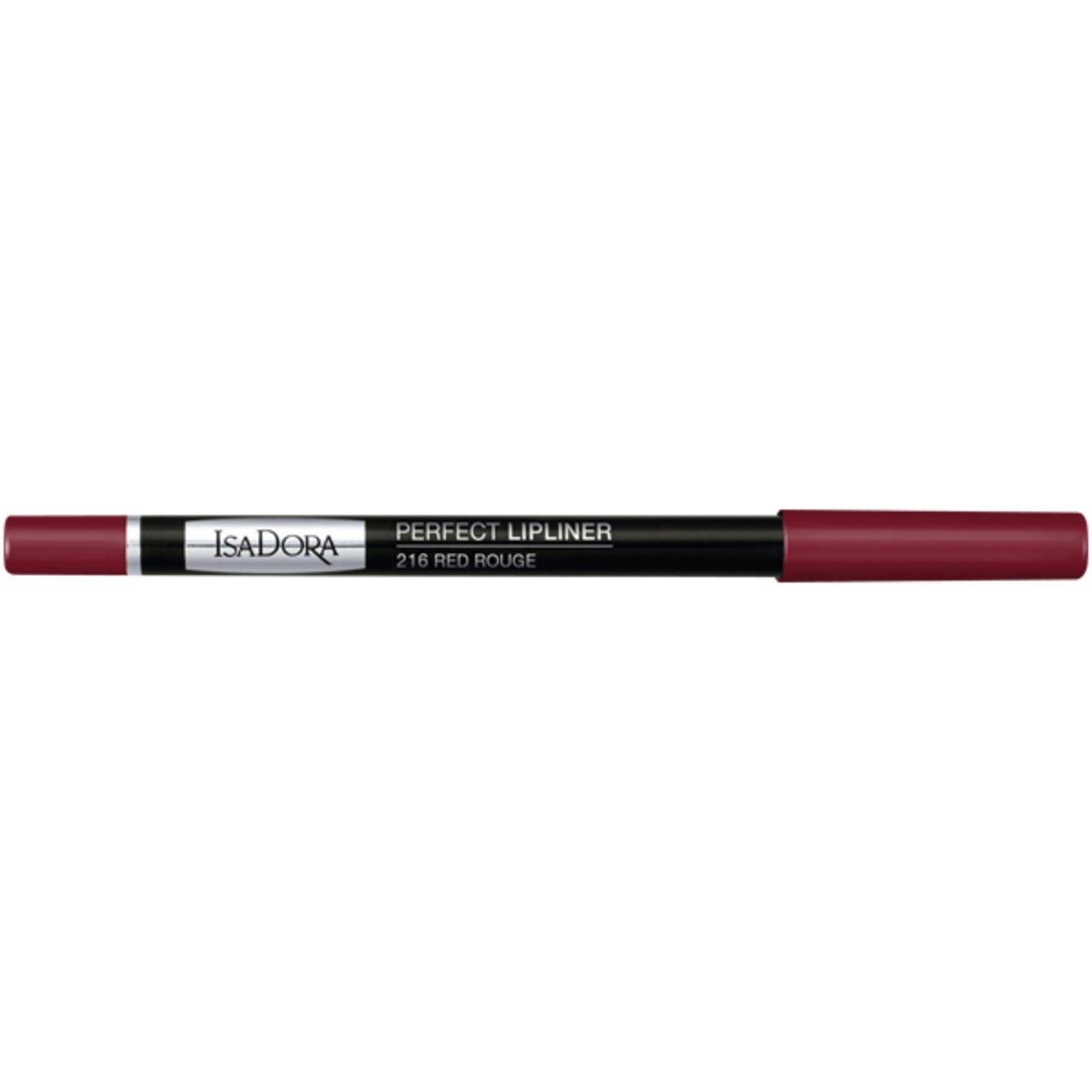 IsaDora Perfect Lipliner, rot. Schwarzer Stift mit roter Spitze und Kappe. Aufschrift: Perfect Lipliner 216 Red Rouge.