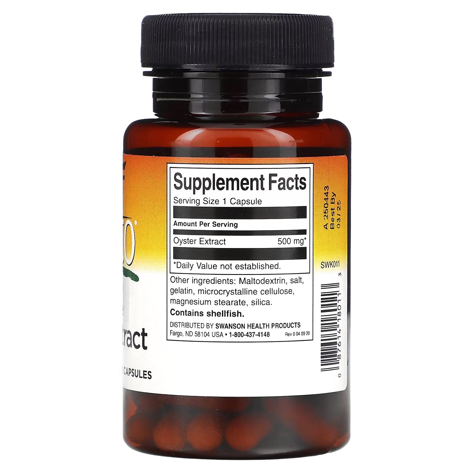 Braune Flasche mit schwarzem Deckel. Rückseite mit Nährwertangaben. Enthält Austernextrakt 500 mg.