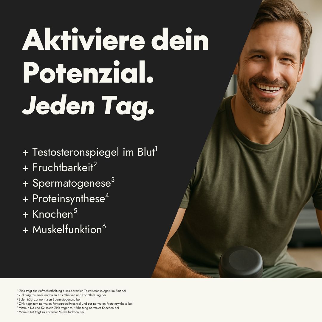Mann im Fitnessstudio. Text: Aktiviere dein Potenzial. Jeden Tag. Vorteile: Testosteron, Fruchtbarkeit, Spermatogenese, Proteine, Knochen, Muskelfunktion.