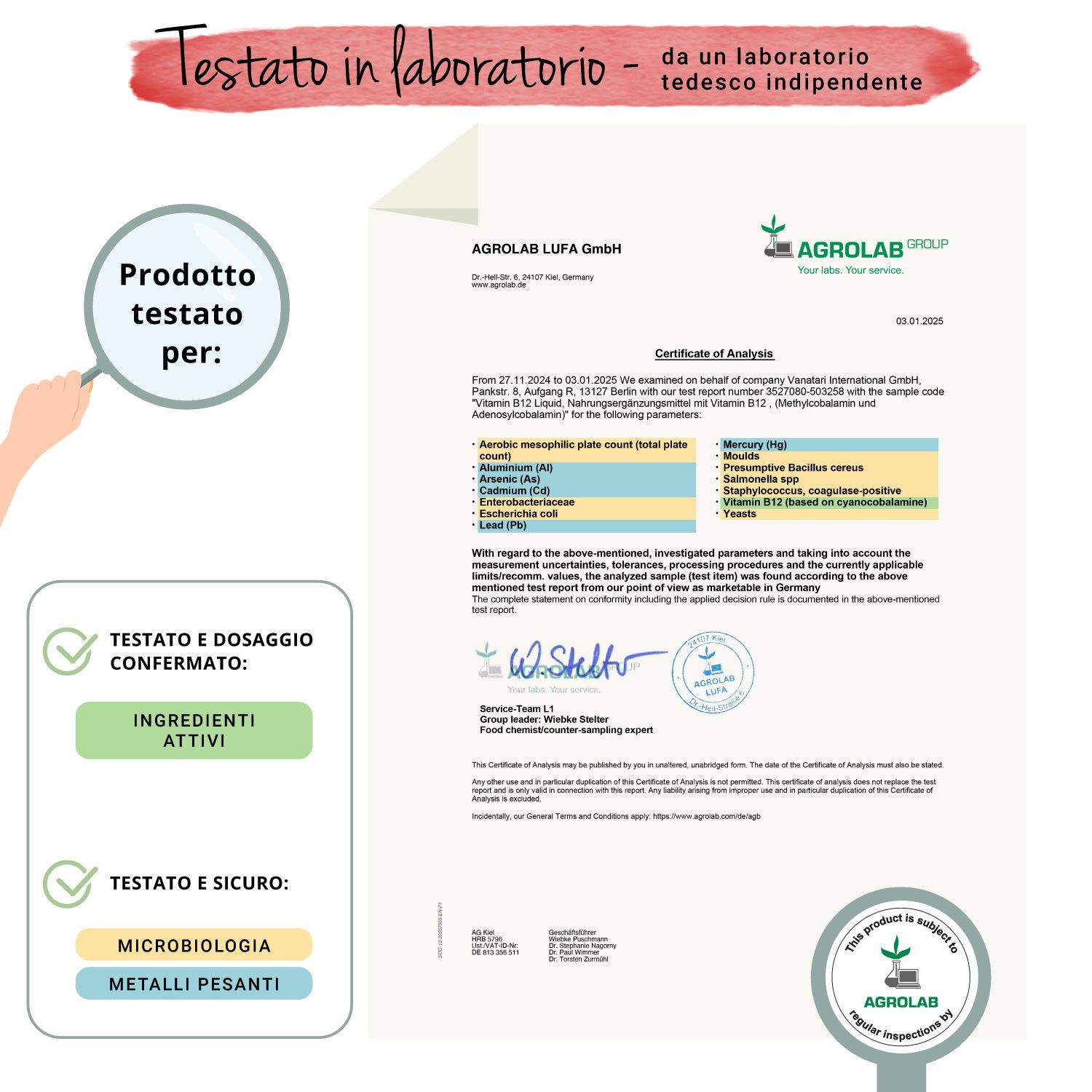 Certificato con testo. Scritta: Testato in laboratorio. Verificato e confermato: Ingredienti. Verificato e discreto: Microbiologia.