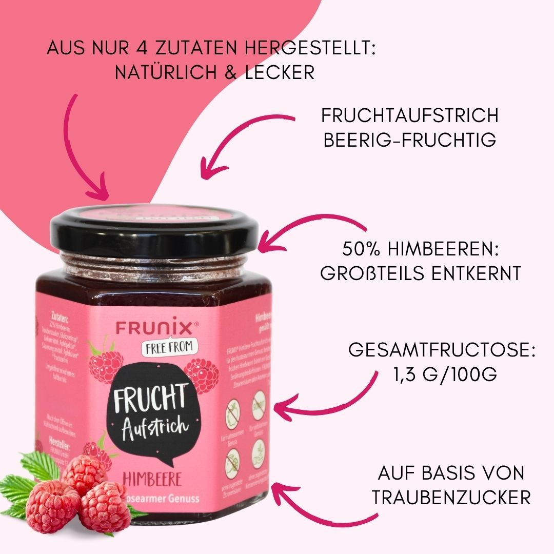 Glas FRUNIX® Himbeer-Fruchtaufstrich. Rosa Etikett mit Produktinformationen. Enthält 50% Himbeeren und 1,3g Gesamtfructose/100g.