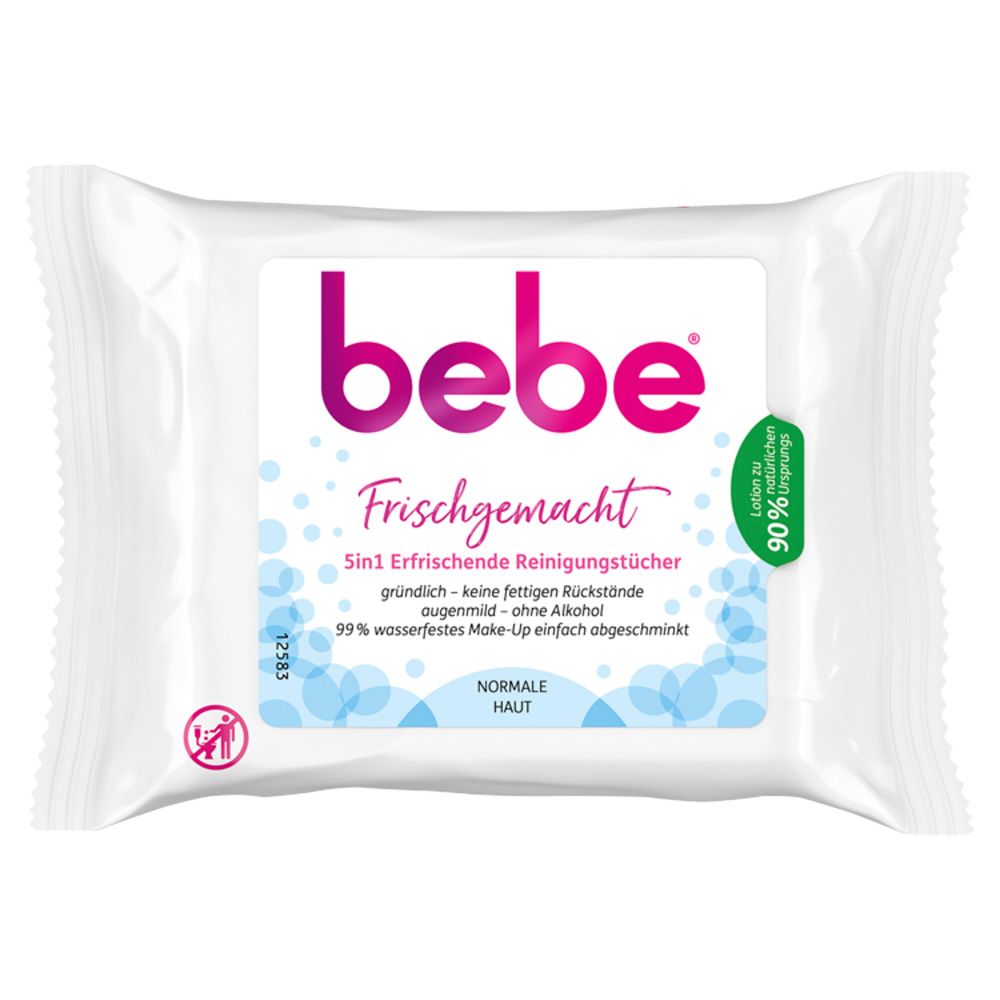 Weißes Bebe-Reinigungstücher-Paket. Aufschrift: Frischgemacht, 5in1, für normale Haut. Mit 90% recycelter Verpackung.