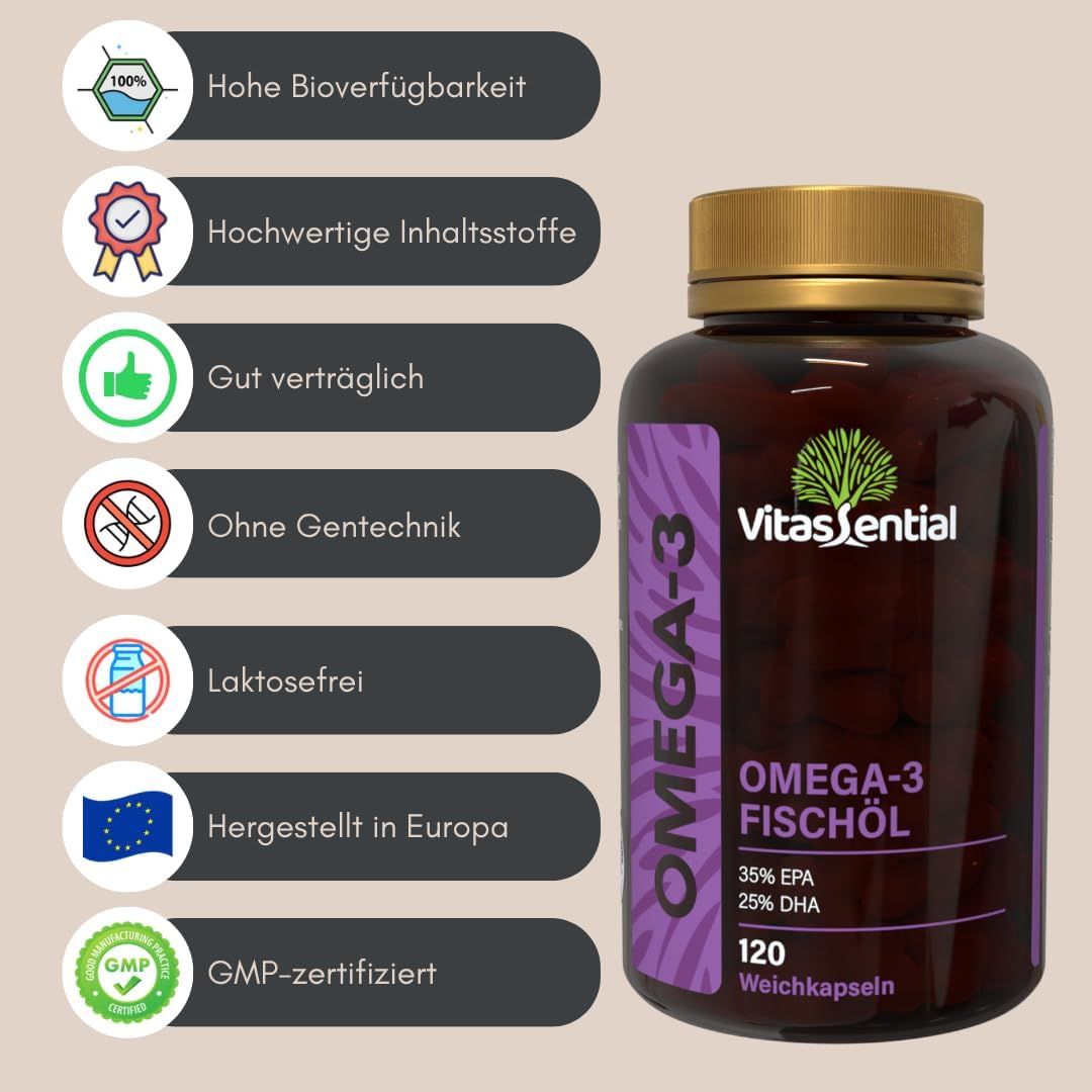 Braune Flasche mit Omega-3 Kapseln. Aufschrift: Vitassential, Omega-3 Fischöl, 120 Weichkapseln. GMP-Zertifizierung.