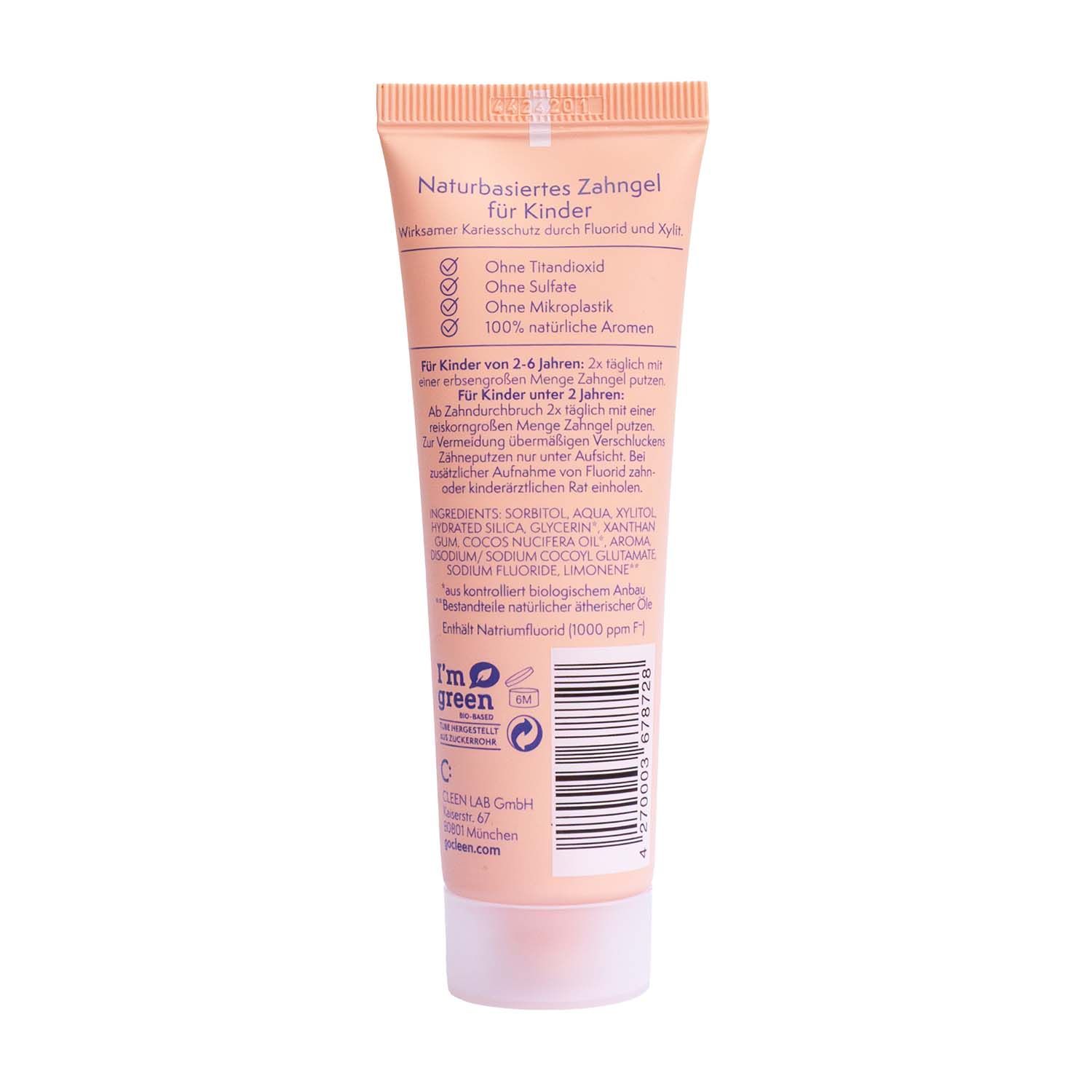 Zahngel-Tube für Kinder. Text: Naturbasiertes Zahngel, ohne Titandioxid, ohne Sulfate, ohne Mikroplastik, 100% natürliche Aromen.