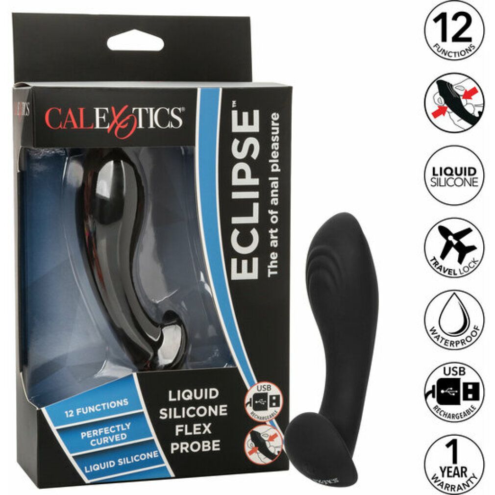 Schwarzes Wellness-Produkt in Verpackung. Marke CALEXOTICS. Produktname: ECLIPSE. Text: Liquid Silicone Flex Probe.