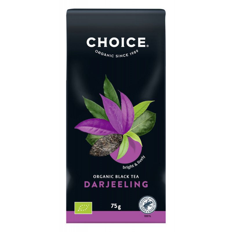 Schwarzer Tee Darjeeling, Bio, 75g. Verpackung mit floralem Design, Marke CHOICE.