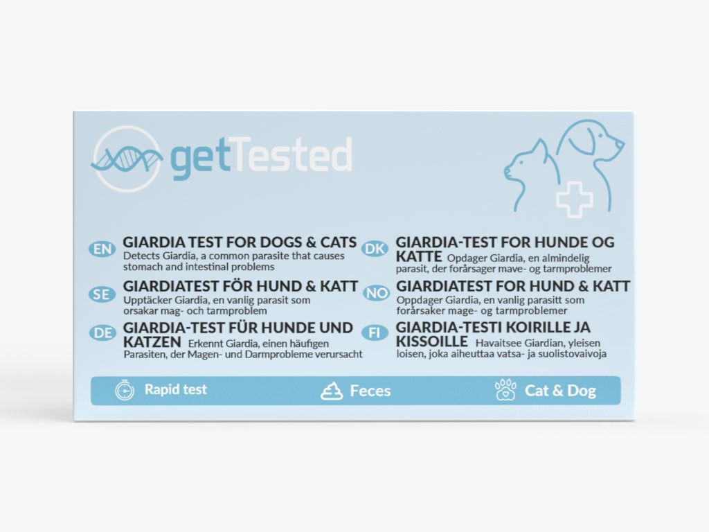Hellblaue Verpackung mit Text: Giardia-Test für Hunde und Katzen. Enthält Logos und Text in verschiedenen Sprachen. Rapid Test.