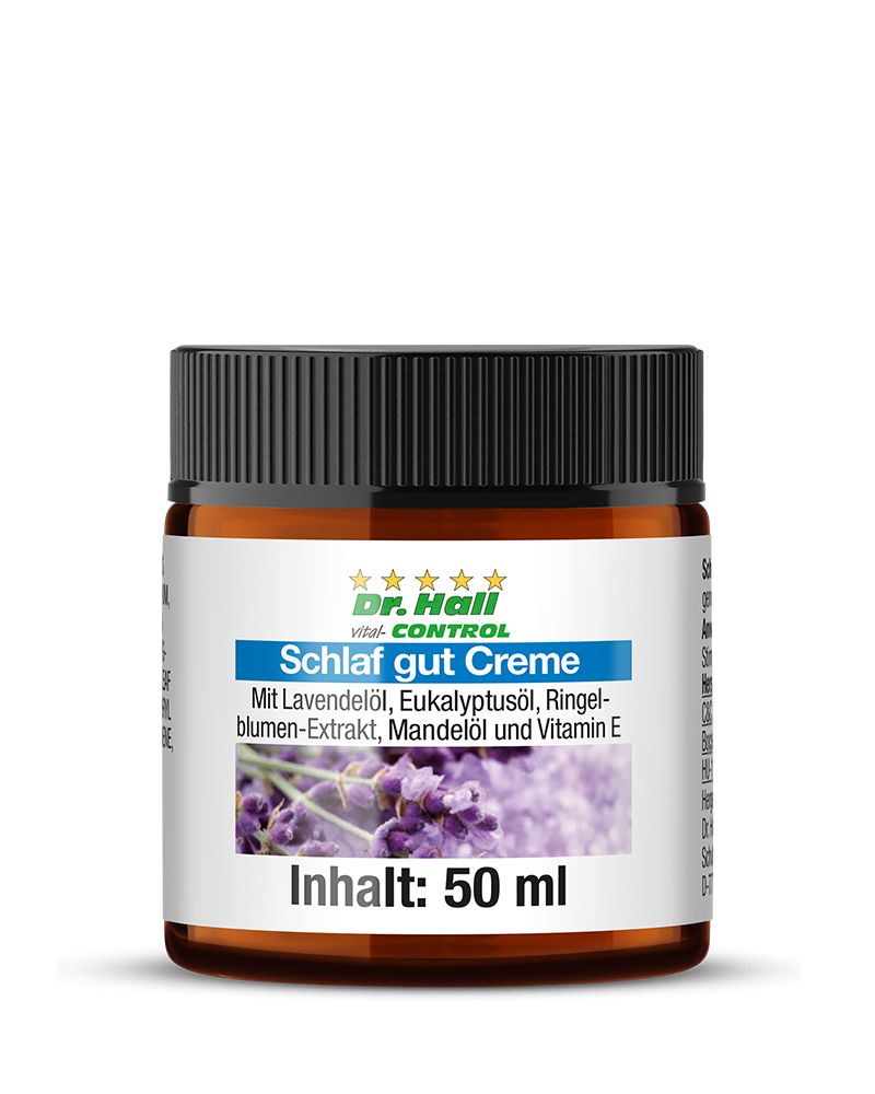 Braune Creme-Dose mit schwarzem Deckel. Auf dem Etikett steht "Schlaf gut Creme" und Inhaltsangaben. Inhalt: 50 ml.